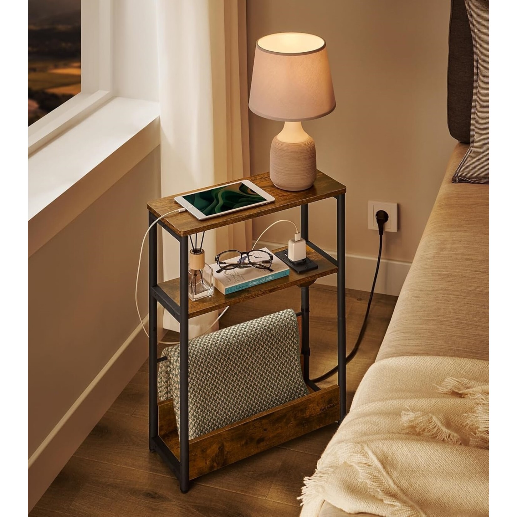 Parya Home Bobbel home Small Side Table with Charging Function, Small Coffee Table, 3 Shelves, Magazine Holder, for Living Room, Bedroom, Study, Vintage Brown Ink Black