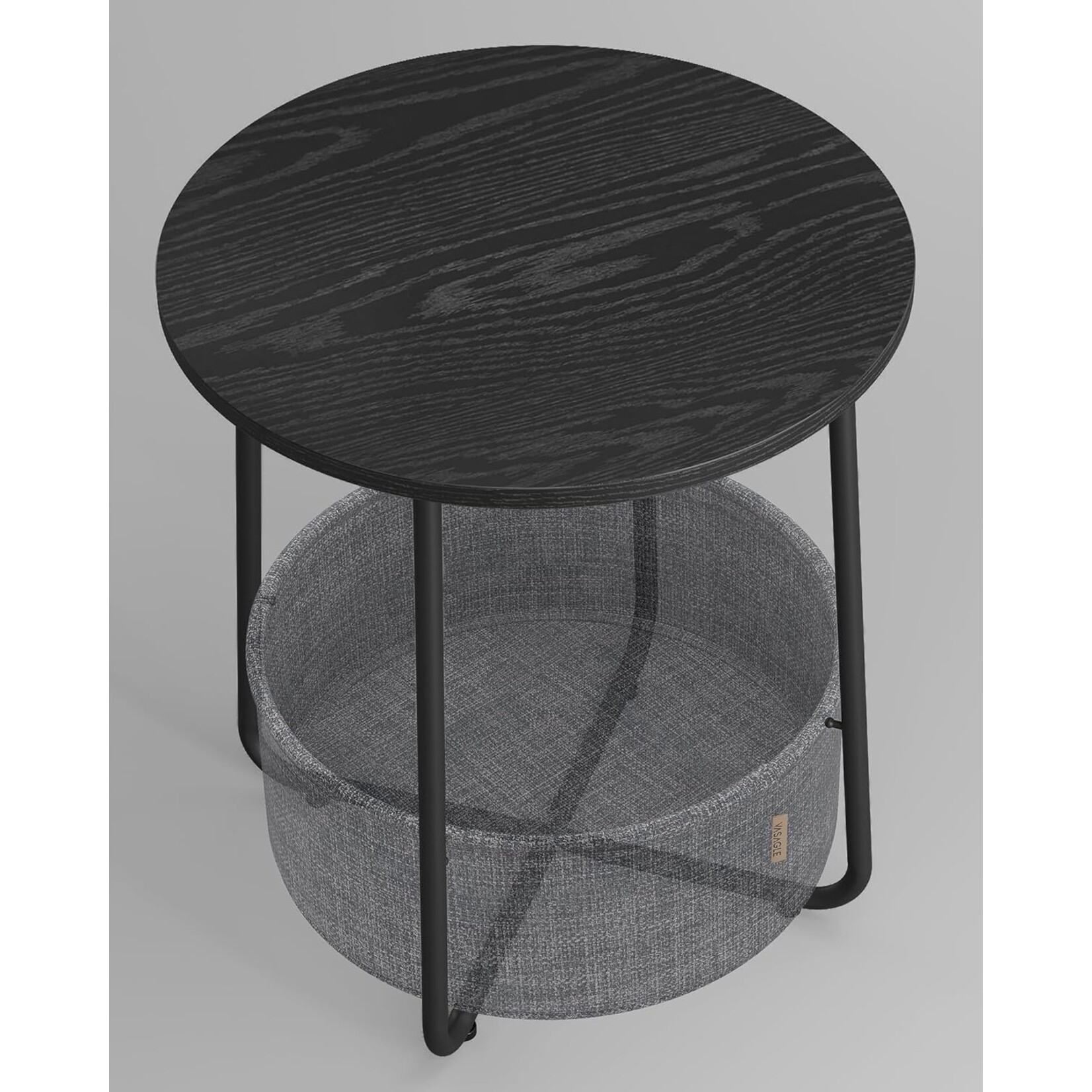 Small round coffee table, side table with fabric basket, storage space, for living room, bedroom, nightstand, modern style, forest black and slate gray