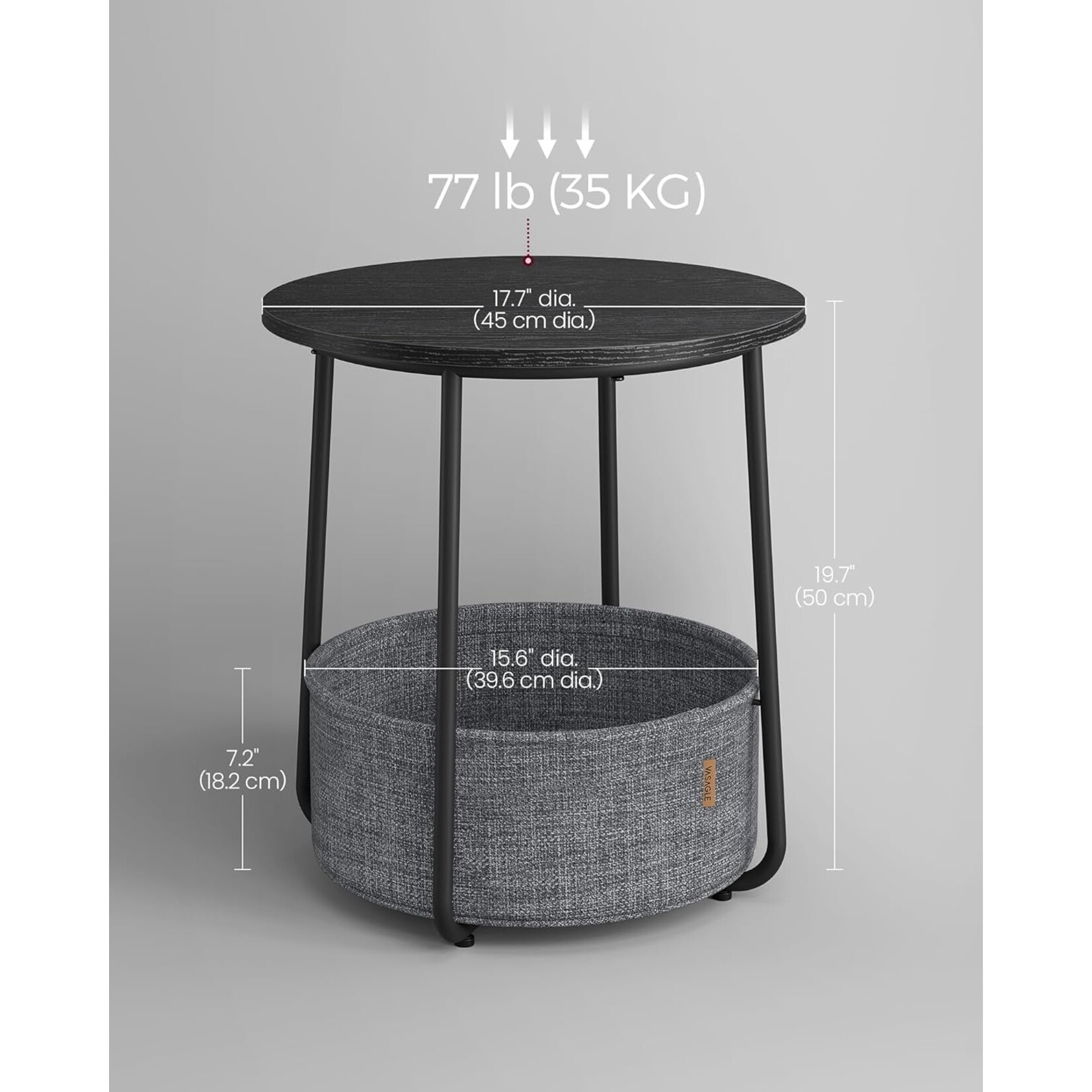 Small round coffee table, side table with fabric basket, storage space, for living room, bedroom, nightstand, modern style, forest black and slate gray