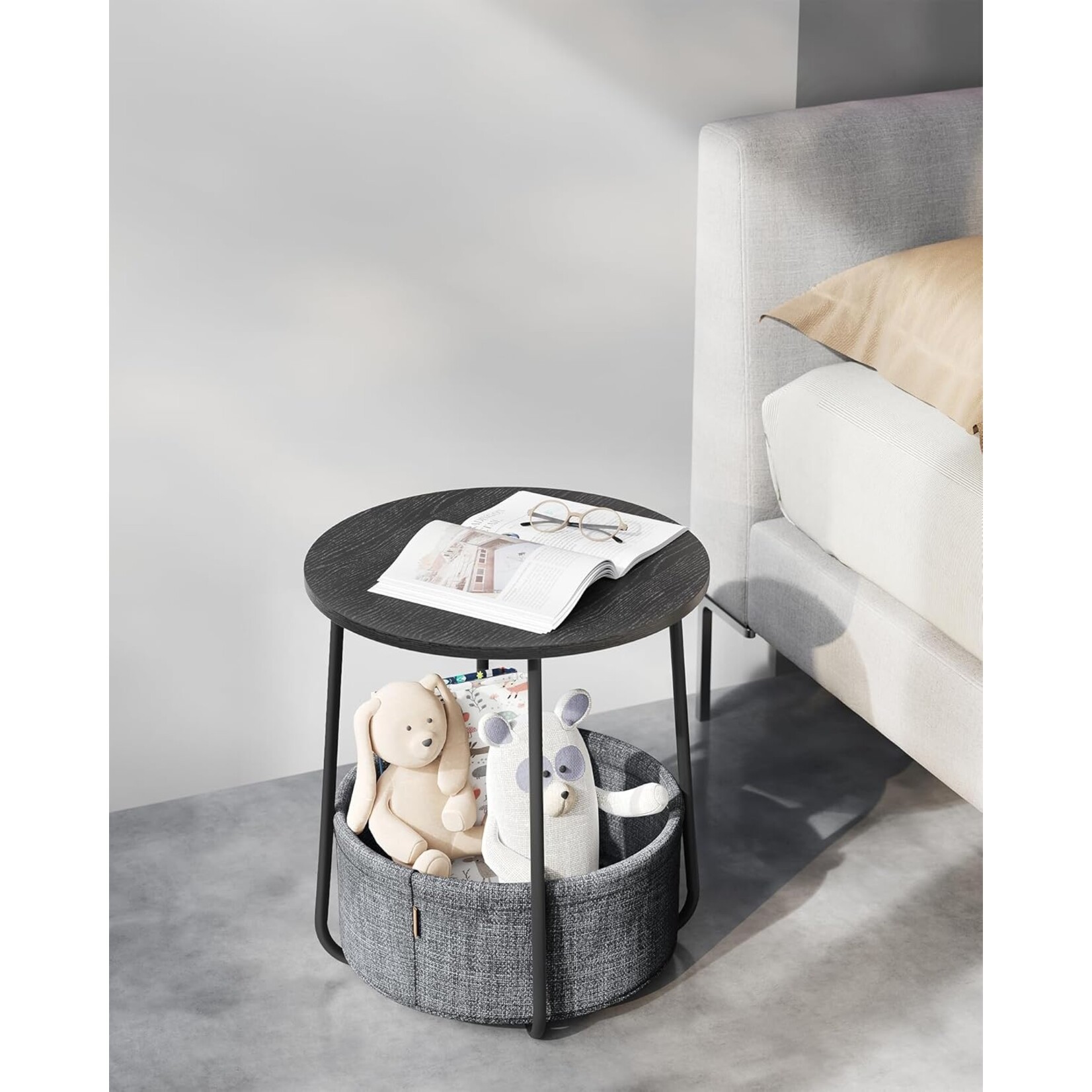 Small round coffee table, side table with fabric basket, storage space, for living room, bedroom, nightstand, modern style, forest black and slate gray