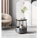 Small round coffee table, side table with fabric basket, storage space, for living room, bedroom, nightstand, modern style, forest black and slate gray