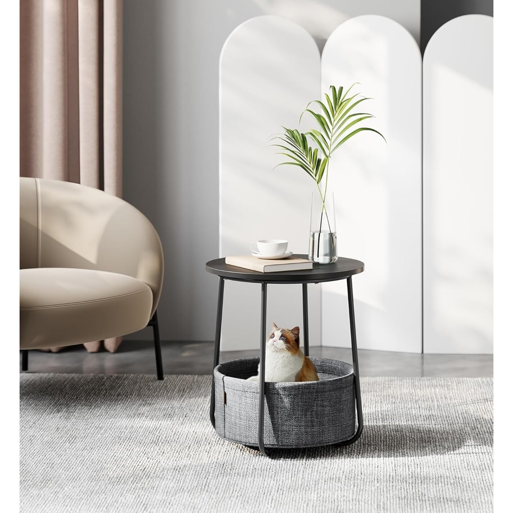 Small round coffee table, side table with fabric basket, storage space, for living room, bedroom, nightstand, modern style, forest black and slate gray