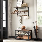 Parya Home wall coat rack, with shelf, wall shelf with 10 removable hooks, hanging shelf, wall mount, 2 coat racks, clothes rod, for hallway, bedroom, bathroom, vintage brown black