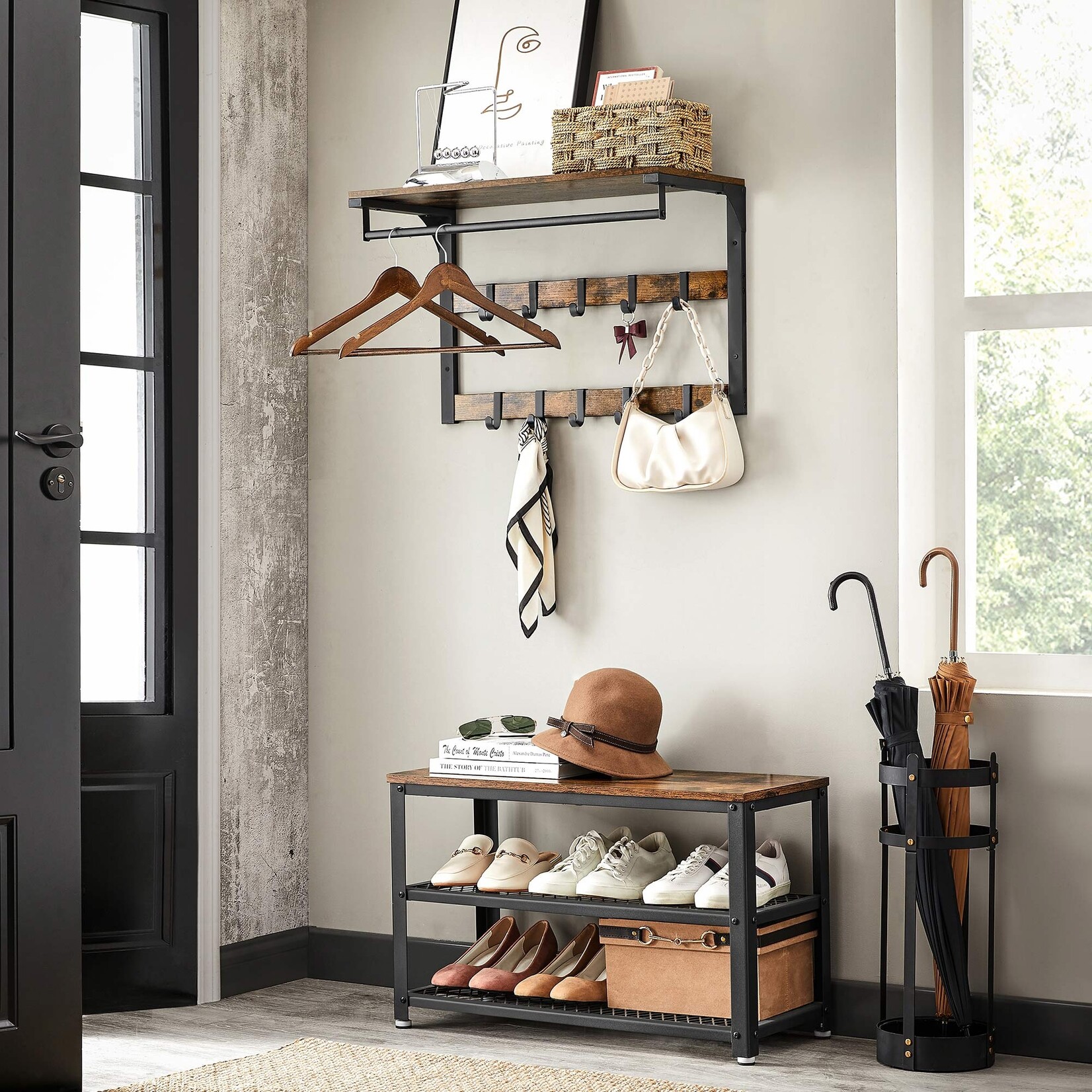 Parya Home wall coat rack, with shelf, wall shelf with 10 removable hooks, hanging shelf, wall mount, 2 coat racks, clothes rod, for hallway, bedroom, bathroom, vintage brown black