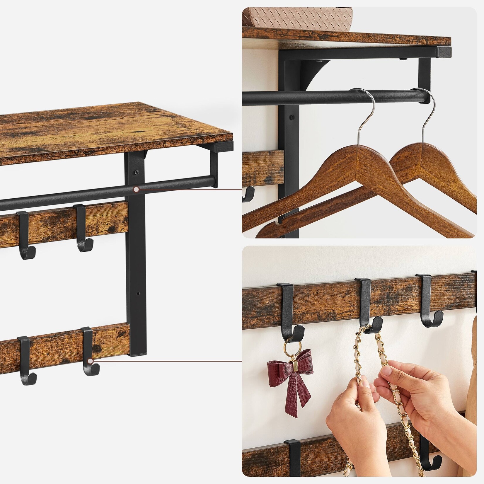 Parya Home wandkapstok, met plank, wandplank met 10 afneembare haken, hangplank, wandmontage, 2 kapstokken, kledingroede, voor hal, slaapkamer, badkamer, vintage bruinzwart