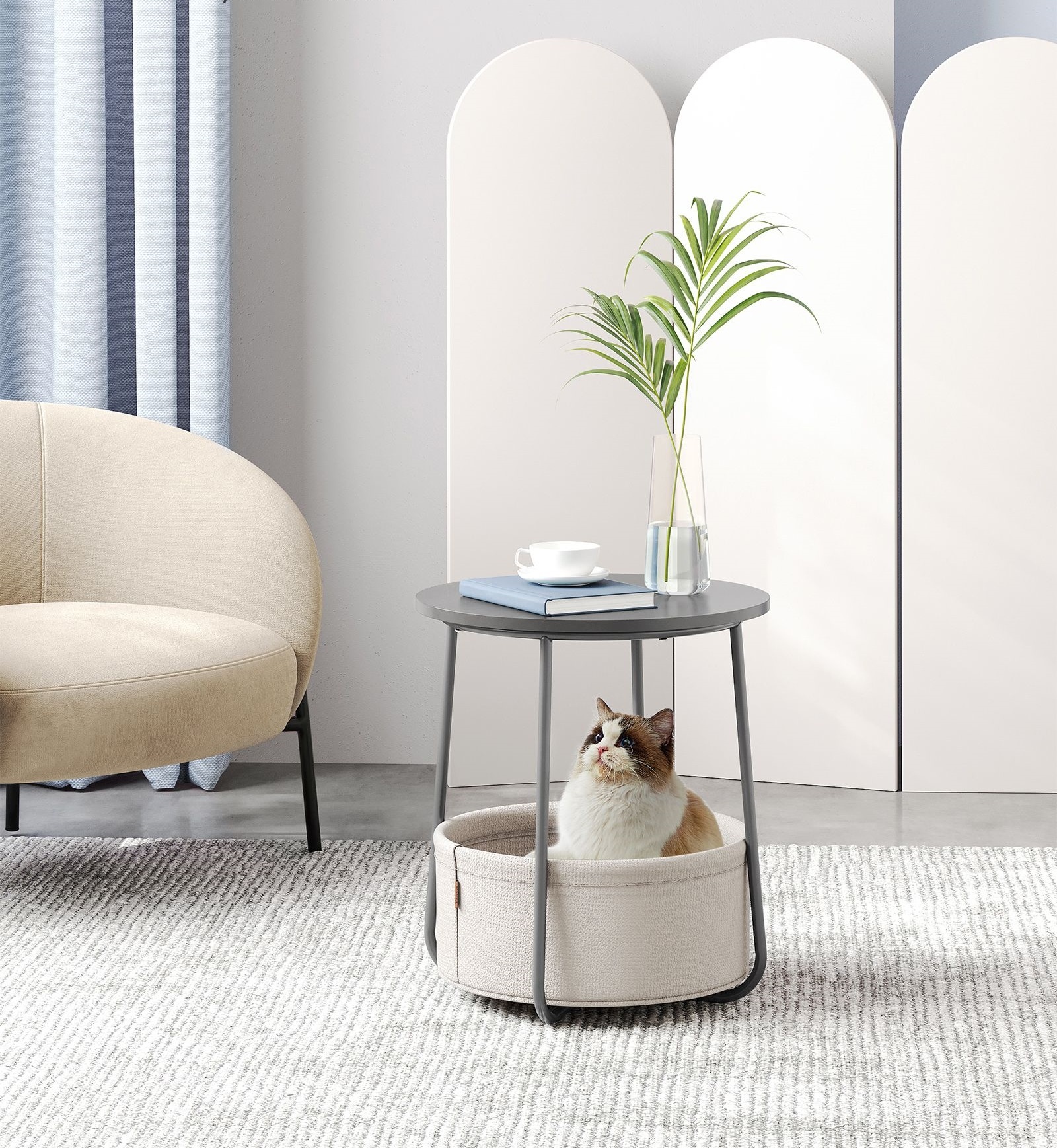 Bijzettafel rond kleine tafel salontafel klein woonkamertafel met stoffen mand opbergruimte voor woonkamer slaapkamer nachtkastje grijs-wolk wit Grijs + troebel wit 45 x 45 x 50 cm