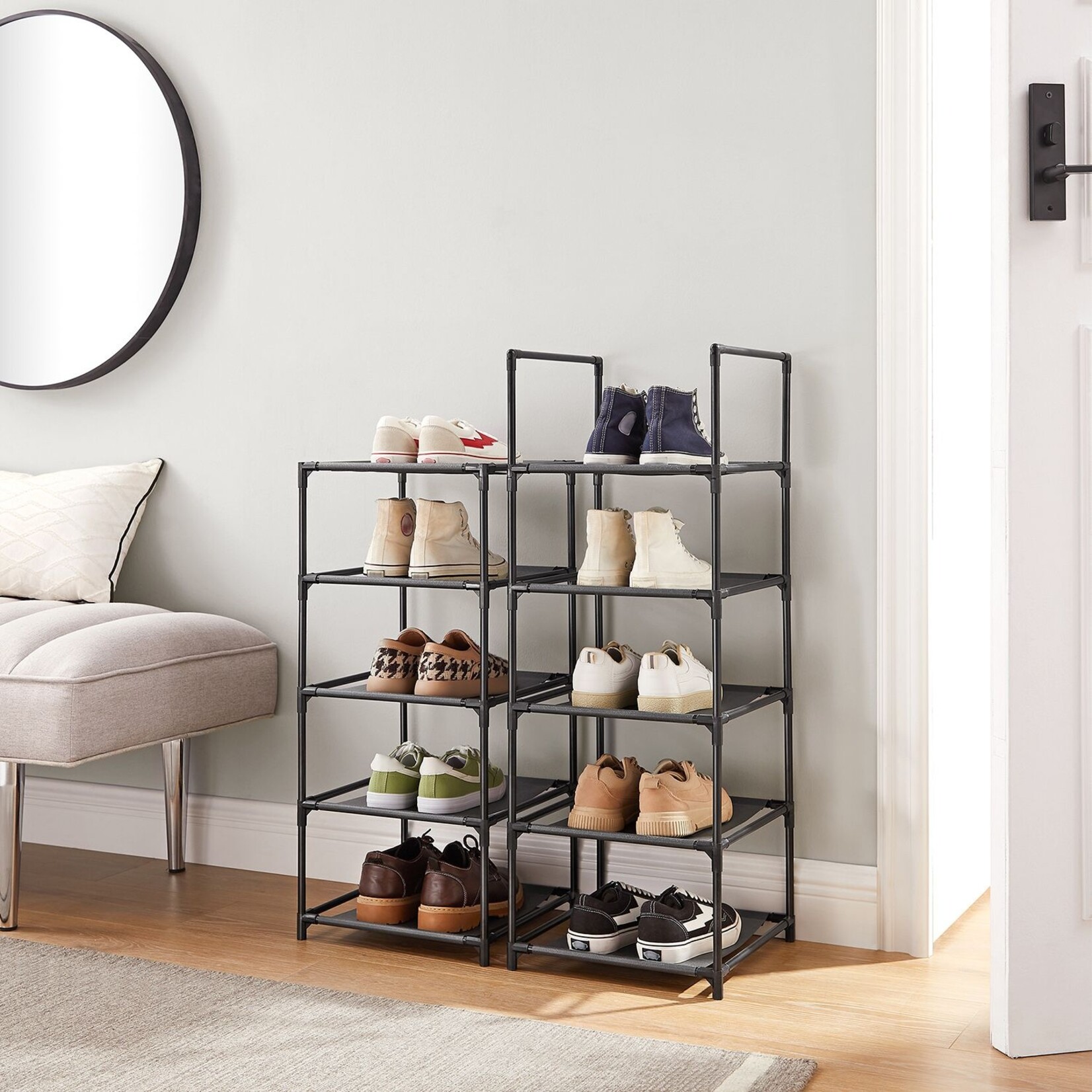 Schoenenrek met 10 niveaus, schoenenrek, 33 x 33 x 173 cm, metalen frame, van vliesstof, voor entree, slaapkamer, zwart 