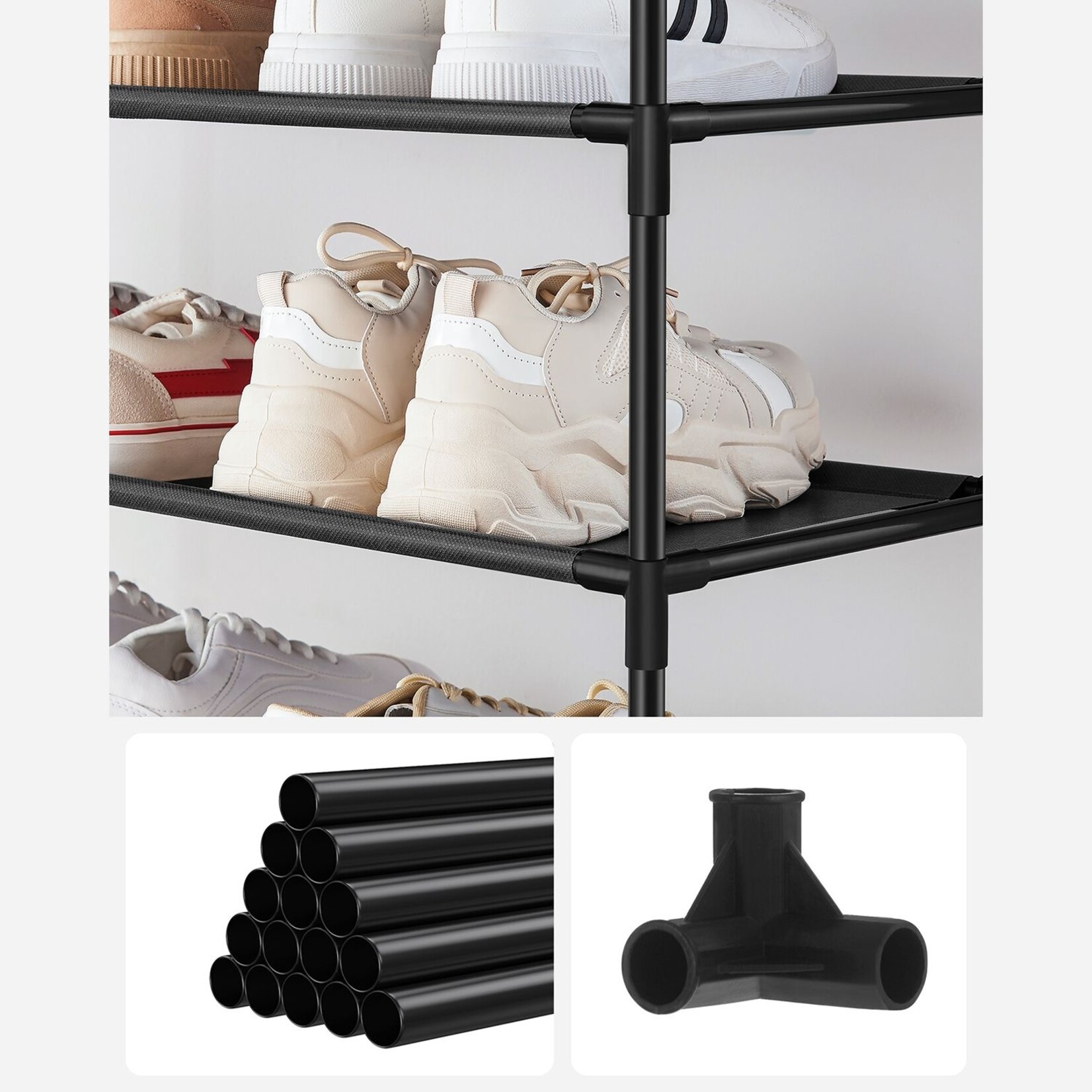 Shoe rack with 10 levels, shoe rack, 33 x 33 x 173 cm, metal frame, fleece fabric, for entryway, bedroom, black