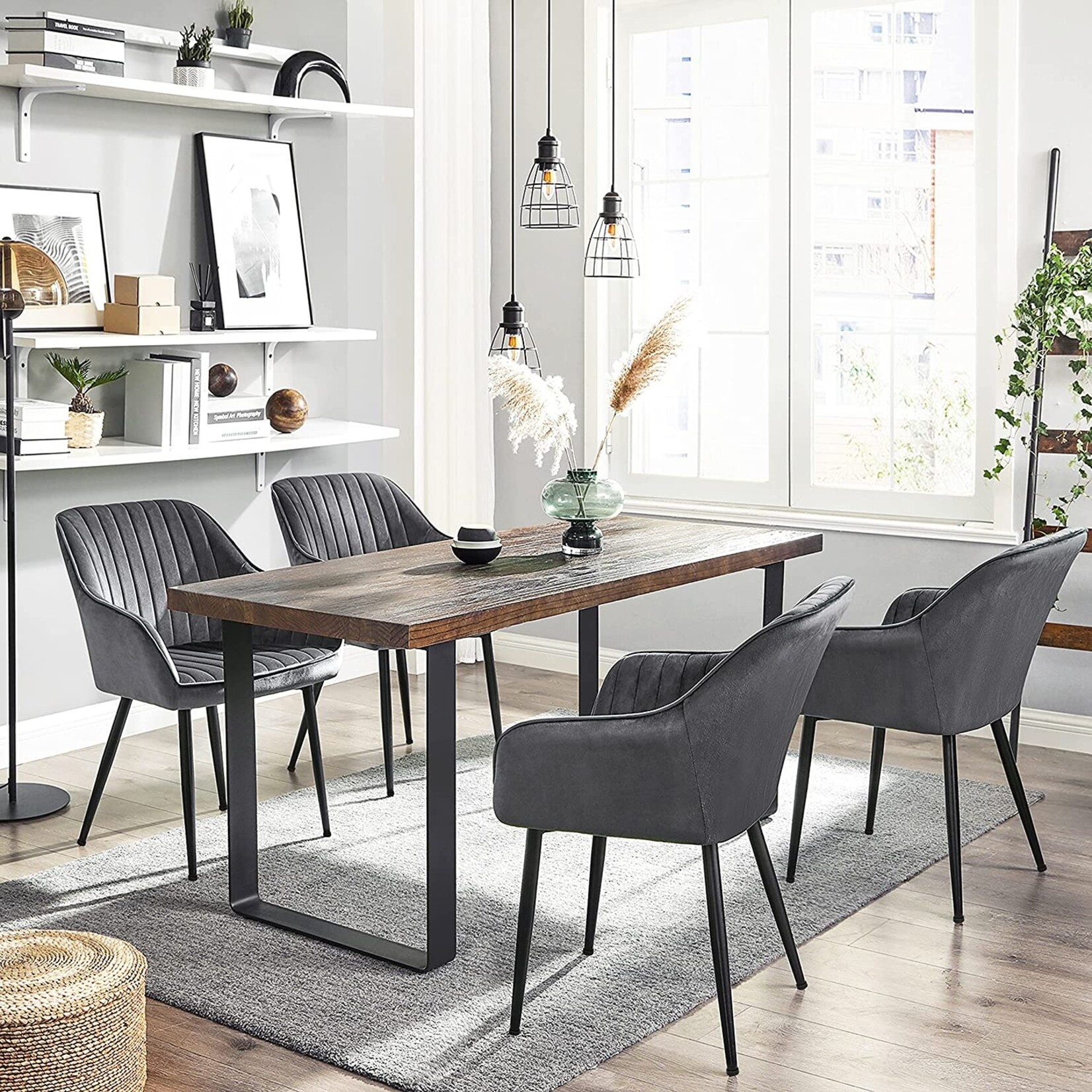 Parya Home eetkamerstoel, fauteuil, gestoffeerde stoel met armleuningen, metalen poten, fluwelen bekleding, zitbreedte 49 cm, max. 110 kg, voor studeerkamer, woonkamer, slaapkamer, grijs