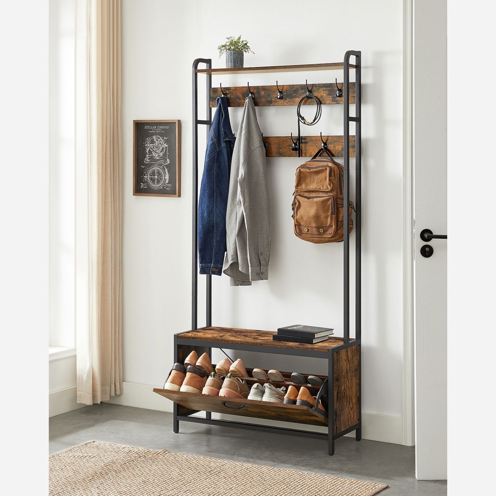 Parya Home Parya Home Coat rack with shoe cabinet - coat rack with bench - clothes rack - shoe rack - 9 hooks - top shelf - for hallway - bedroom - industrial design - vintage brown - black
