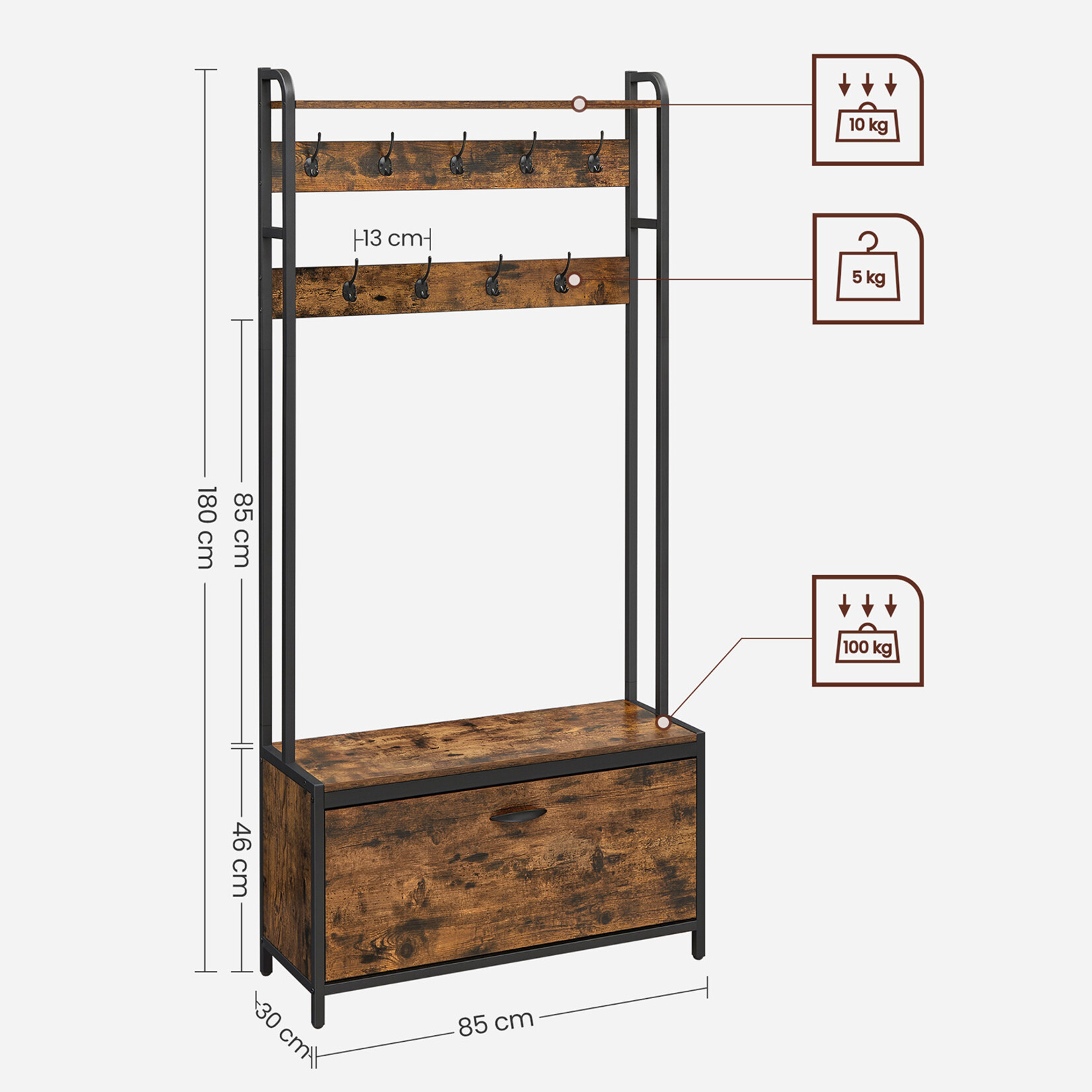 Parya Home Parya Home Coat rack with shoe cabinet - coat rack with bench - clothes rack - shoe rack - 9 hooks - top shelf - for hallway - bedroom - industrial design - vintage brown - black