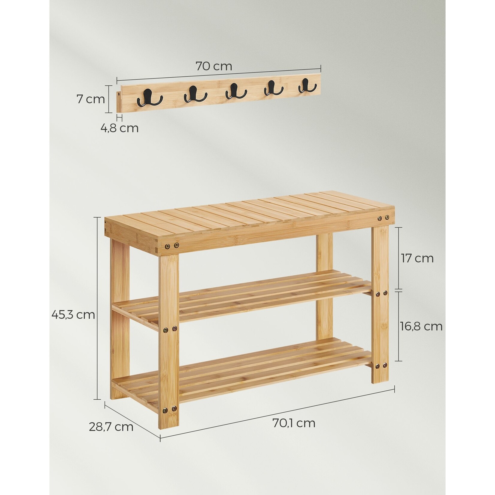 Parya Home Parya Home Coat rack and shoe bench, entrance furniture, multifunctional, 5 metal double hooks, 3-tier bamboo shoe rack, for hallway, bedroom, natural beige