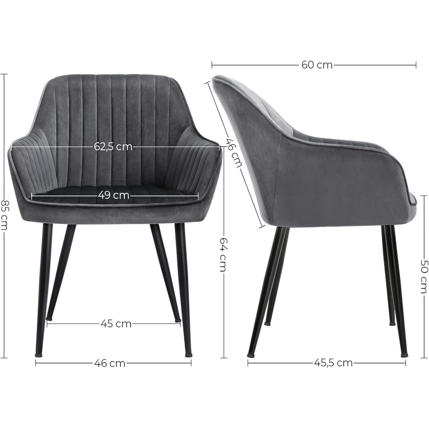 Parya Home eetkamerstoel, fauteuil, gestoffeerde stoel met armleuningen, metalen poten, fluwelen bekleding, zitbreedte 49 cm, max. 110 kg, voor studeerkamer, woonkamer, slaapkamer, grijs