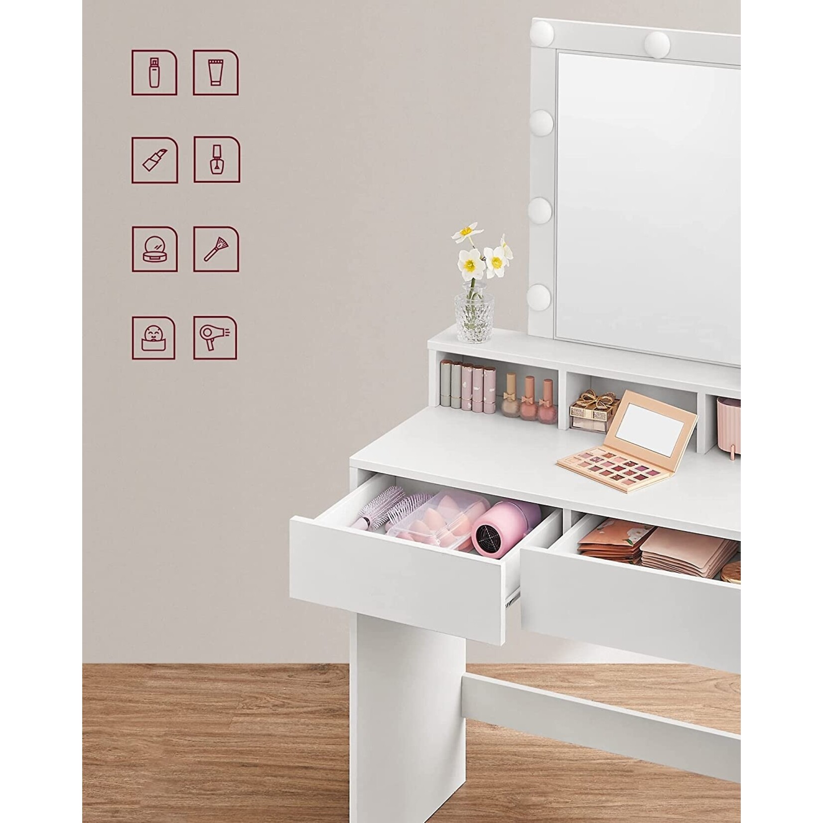 Bobbel Home Bobbel Home - White Dressing table - Rectangular mirror - Light bulbs - 2 drawers and 3 open compartments - White