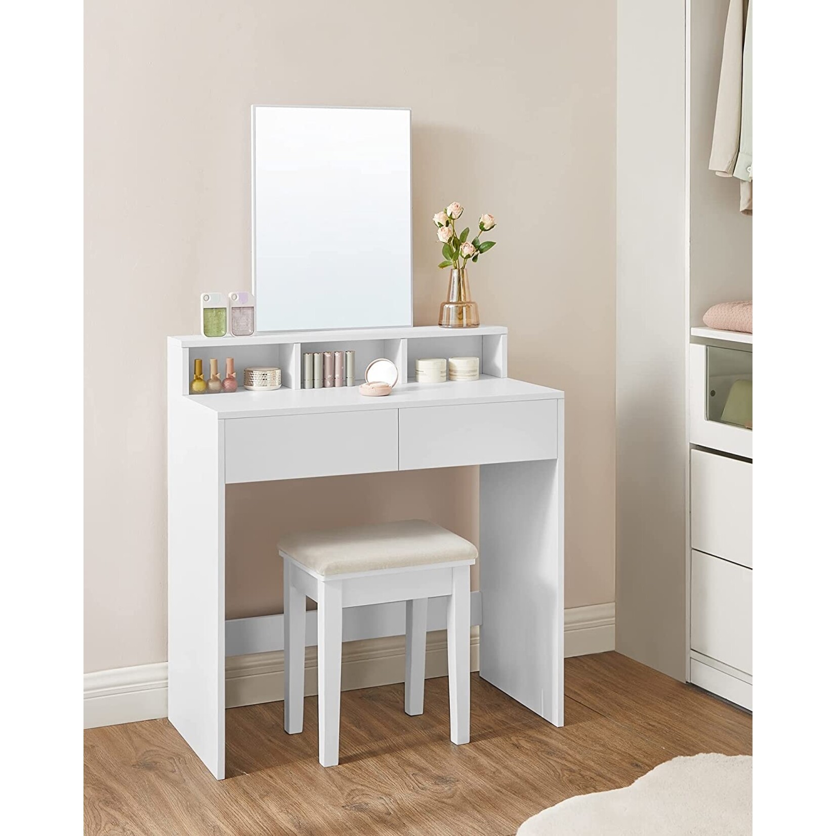 Bobbel Home Bobbel Home - Dressing table with rectangular mirror - With 2 drawers & 3 open compartments - White