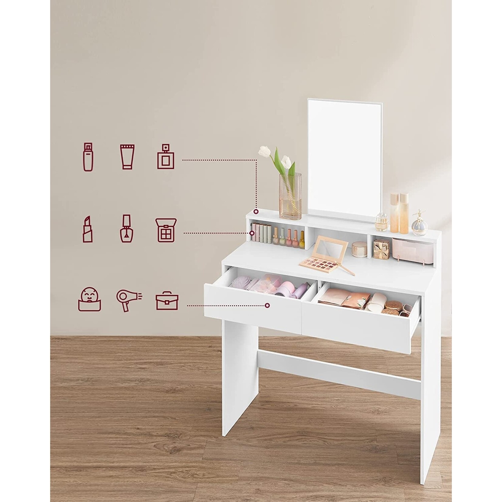 Bobbel Home Bobbel Home - Dressing table with rectangular mirror - With 2 drawers & 3 open compartments - White