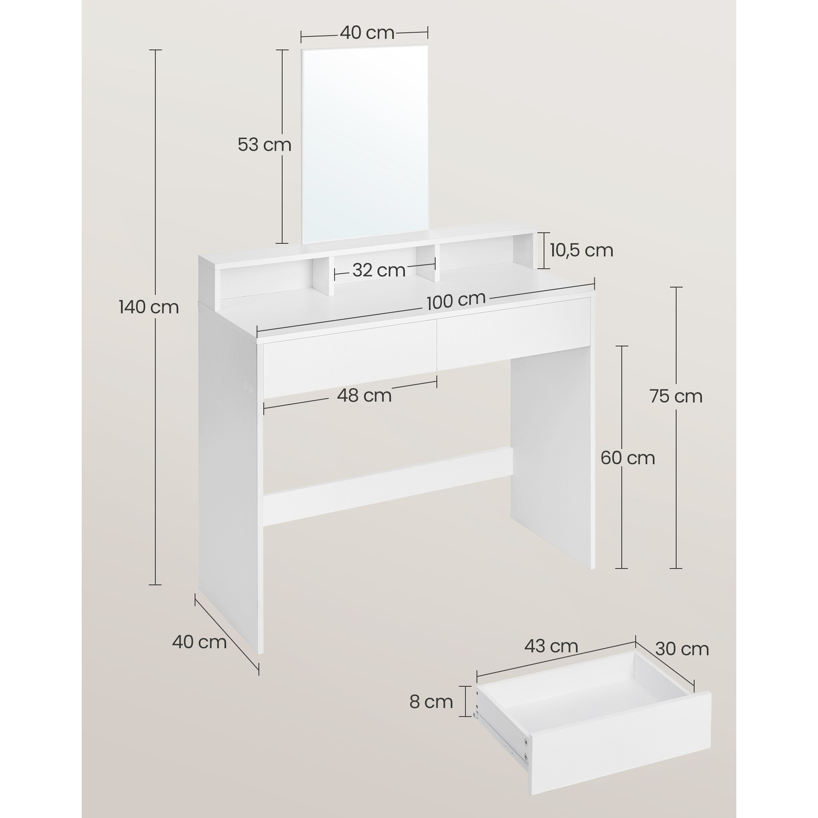 Bobbel Home Bobbel Home - Dressing table with rectangular mirror - With 2 drawers & 3 open compartments - White