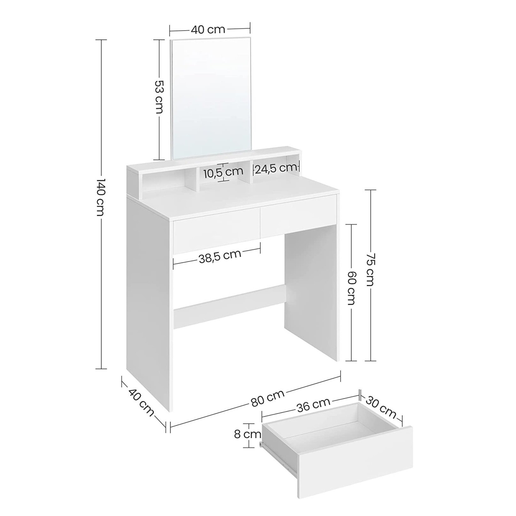 Bobbel Home Bobbel Home - Dressing table with rectangular mirror - With 2 drawers & 3 open compartments - White