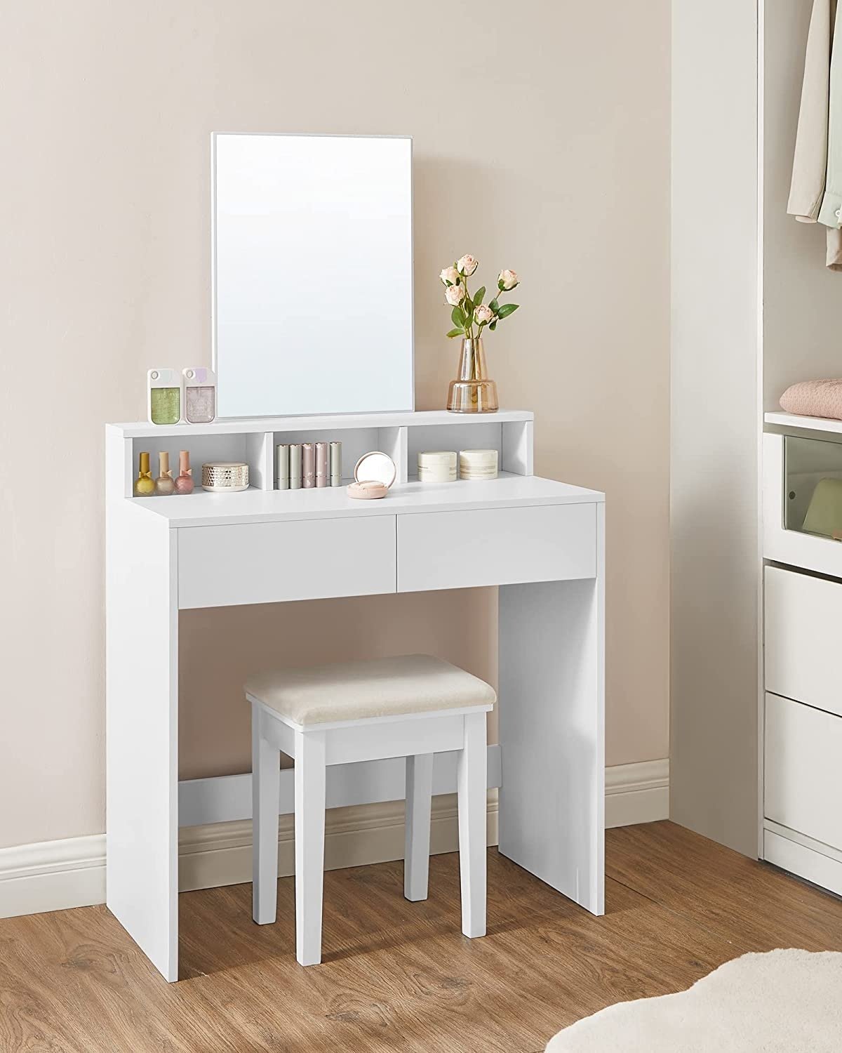 Bobbel Home - Kaptafel met rechthoekige spiegel - Met 2 lades & 3 open vakken - Wit