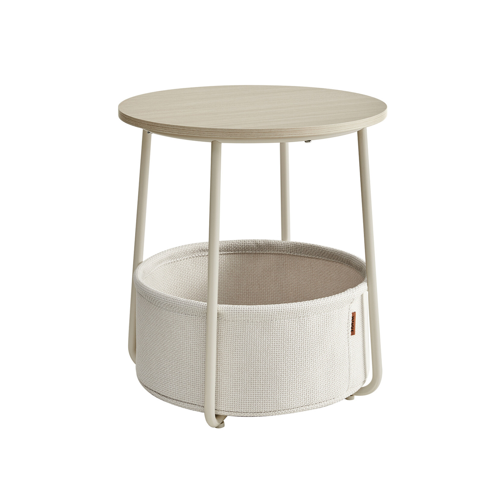 Parya Home Small round coffee table, side table with fabric basket, storage space, for living room, bedroom, bedside table, modern style, creamy white