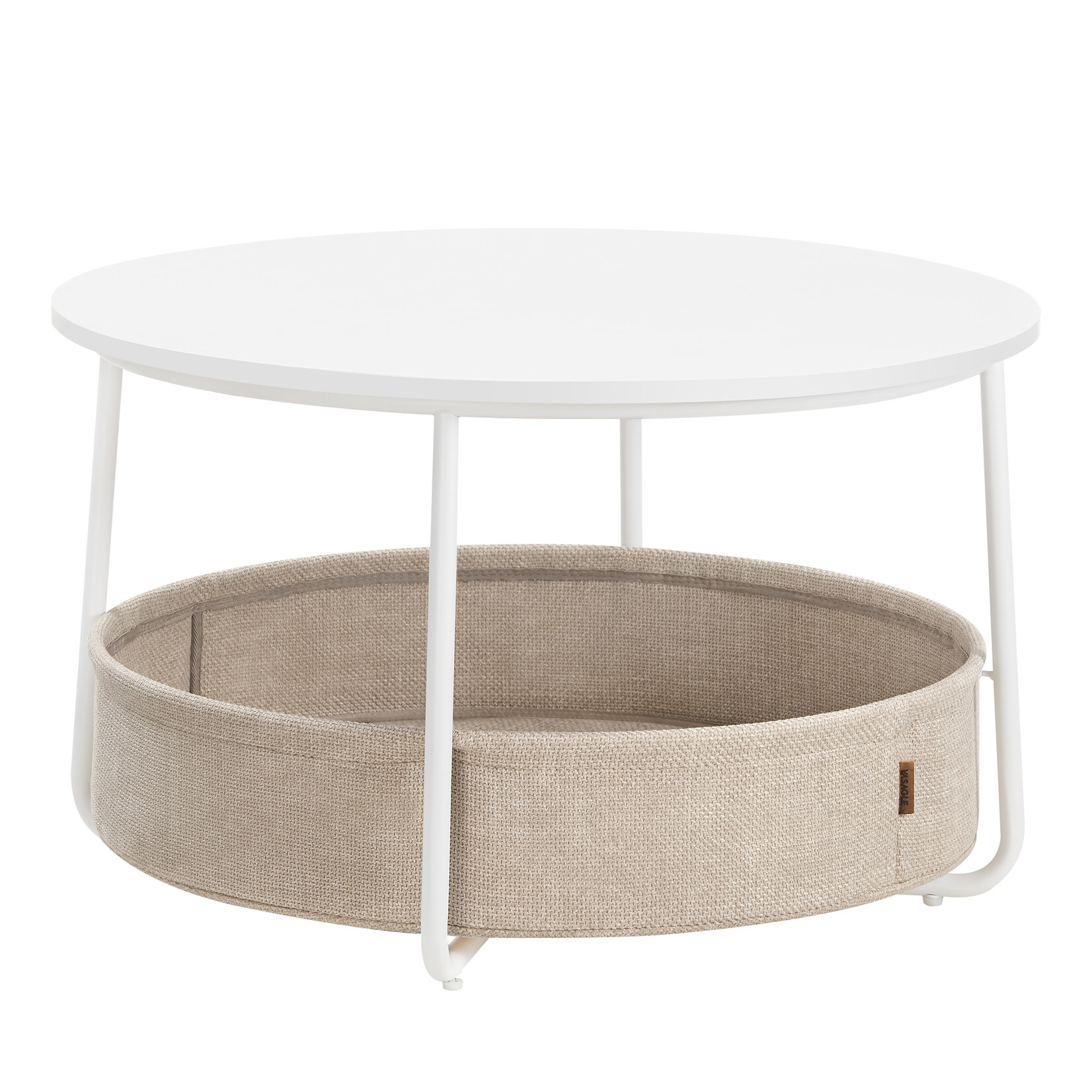 Parya Home round coffee table, table with storage space, side table, living room table with fabric basket, modern, metal frame, matte white-camel brown