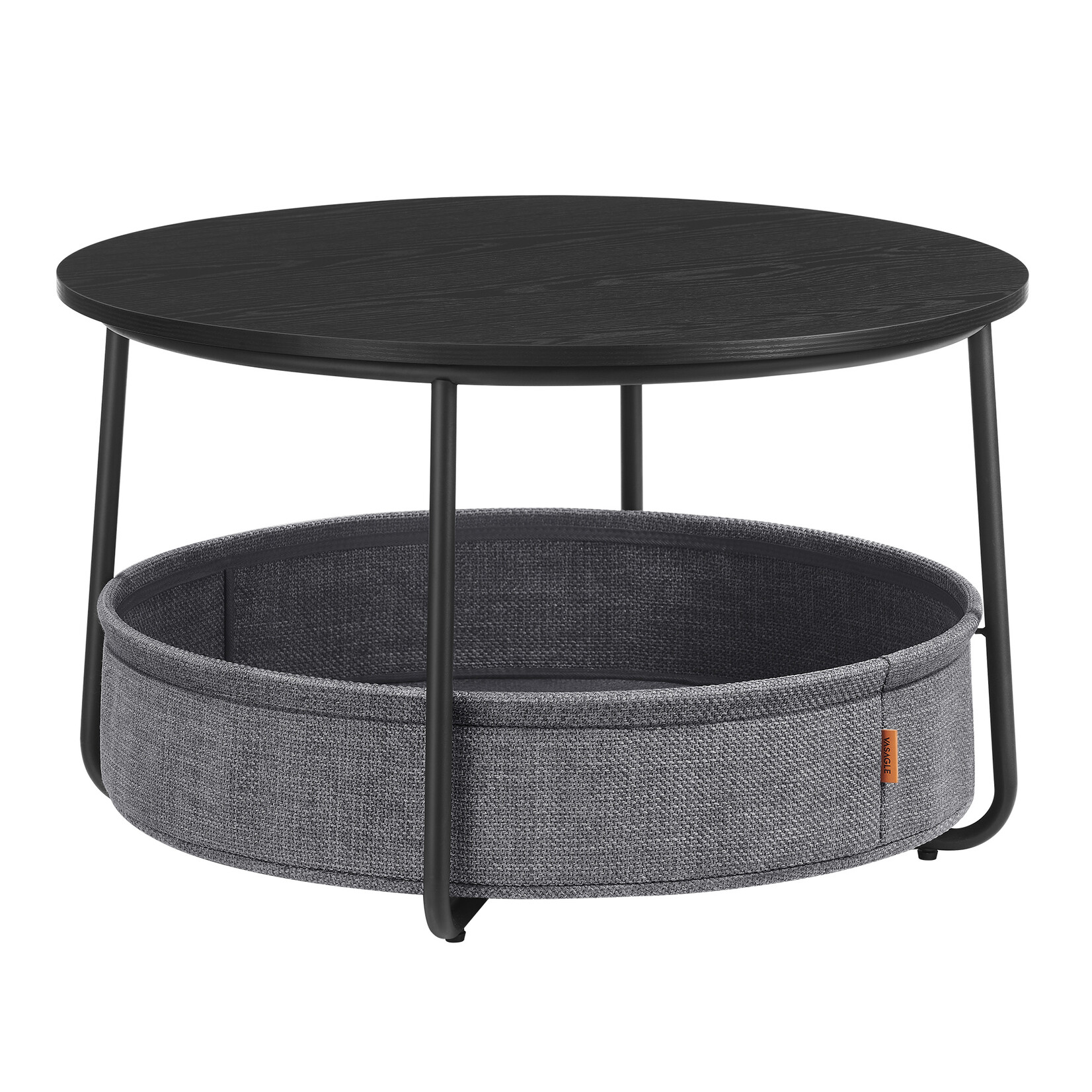 Parya Home ronde salontafel, tafel met opbergruimte, bijzettafel, woonkamertafel met stoffen mand, modern, metalen frame, Inktzwart-leigrijs