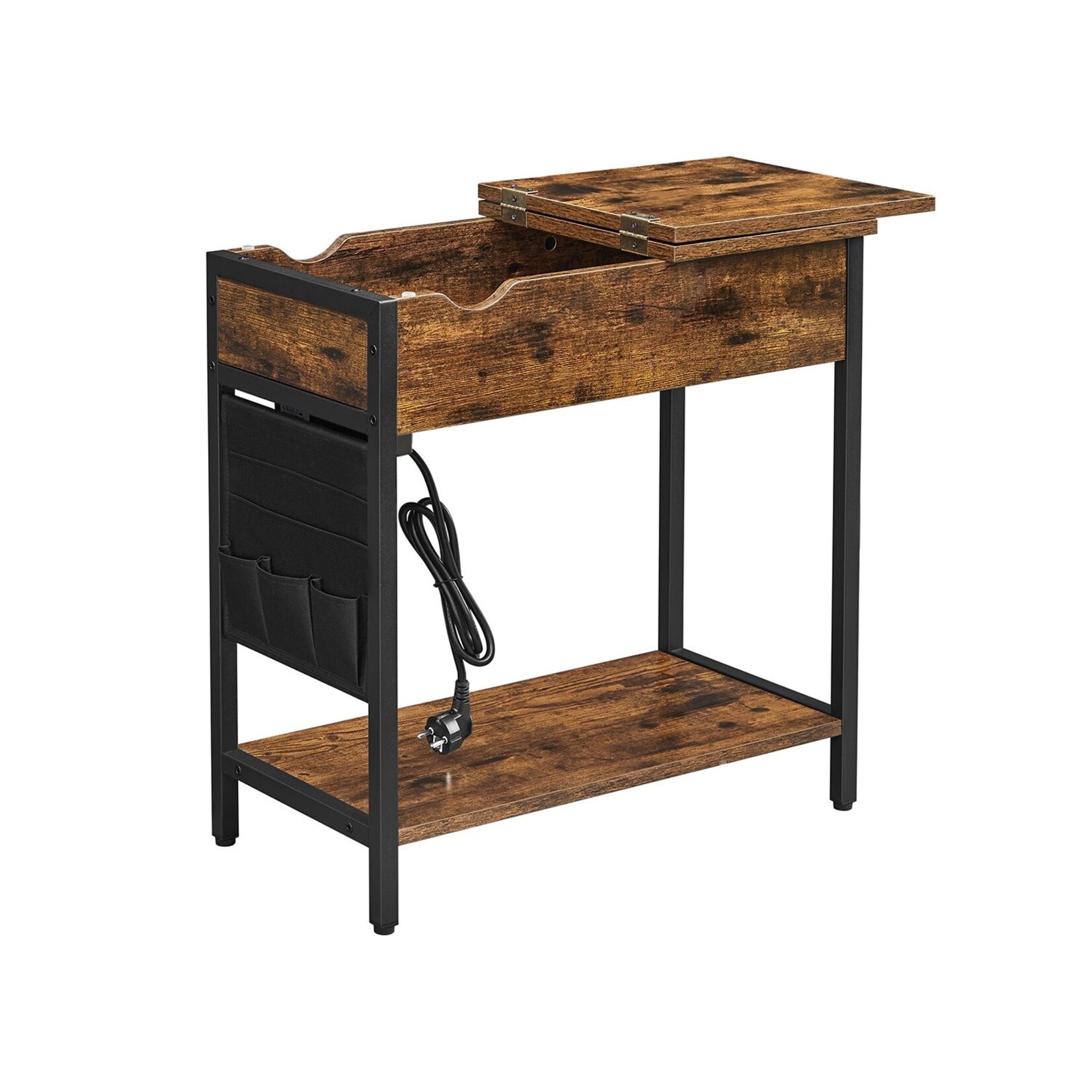 Parya Home Side table, folding table, bedside table, with sockets, collapsible tabletop, with shelf and cloth bag, for living room, bedroom, vintage brown-black