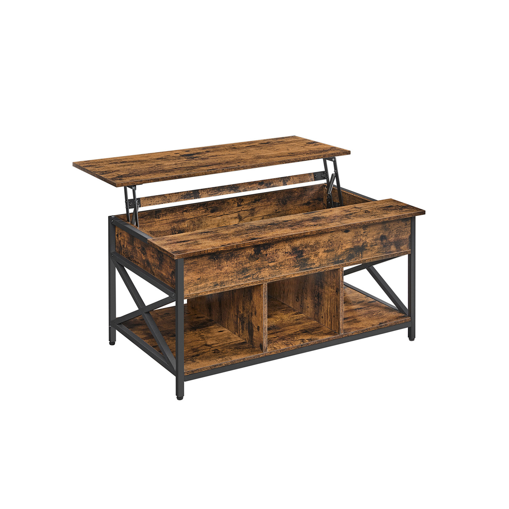 Coffee table, coffee table with lift-up leaf for the living room, coffee table with open and hidden storage space, X-shaped bars, 60 x 100 x (48-62) cm, rustic brown and black