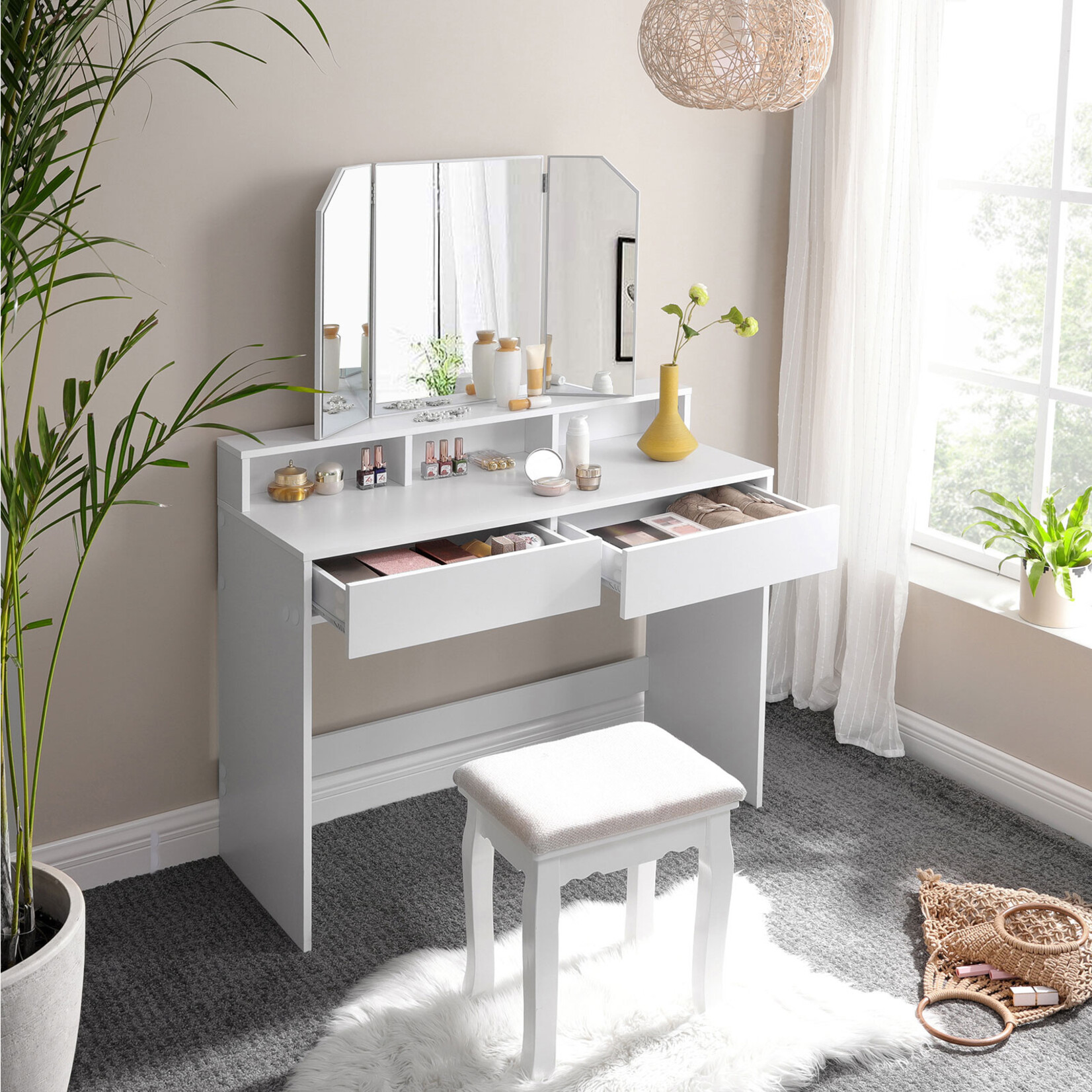 Parya Home Parya Home Dressing table, dressing table with folding mirror and 2 drawers, cosmetic table with 3 open compartments, dressing table, for make-up, modern, white