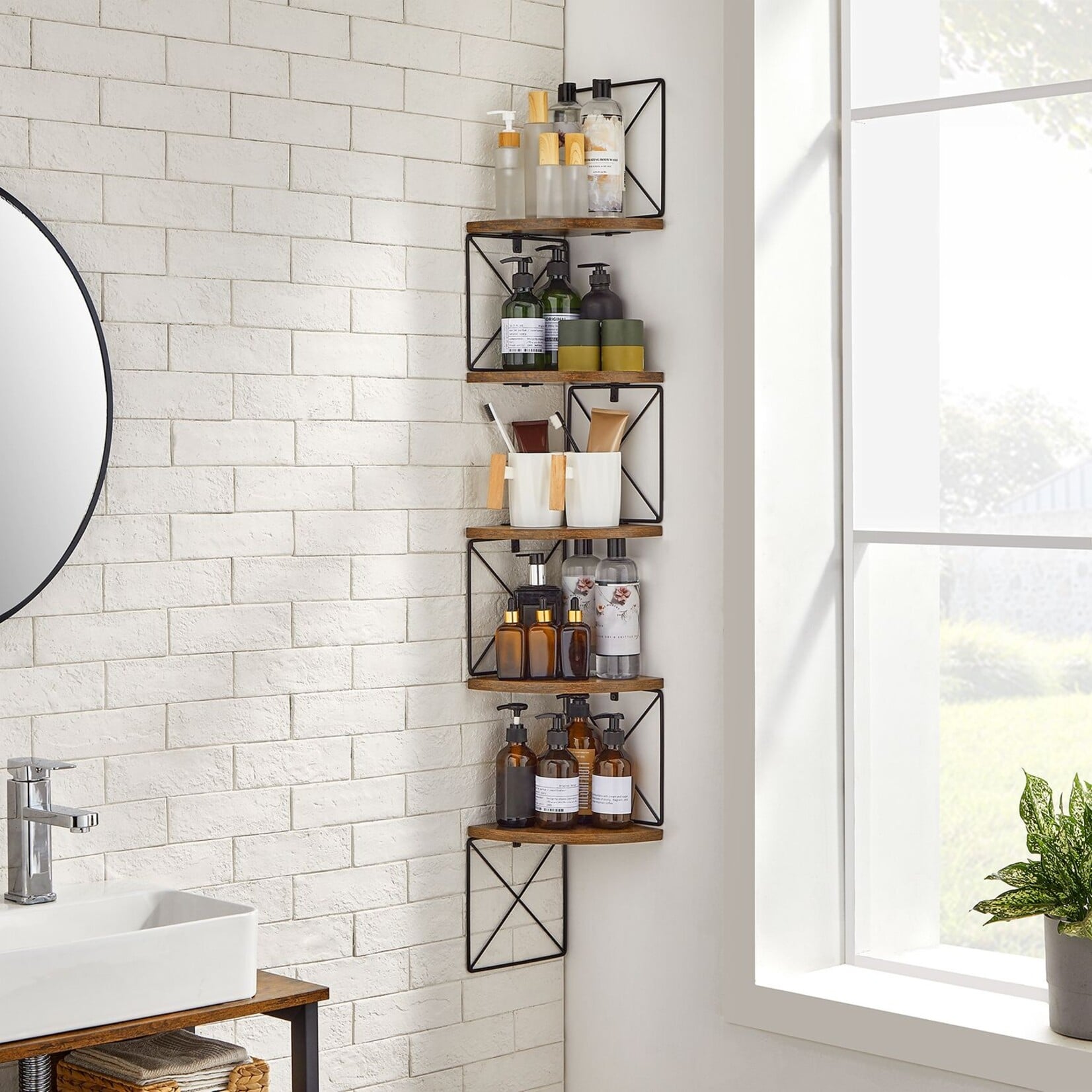 Parya Home Corner shelf, zigzag design bookcase, 5 tiers, 20 x 20 x 127.5 cm, for bedroom, study, living room, vintage brown-black
