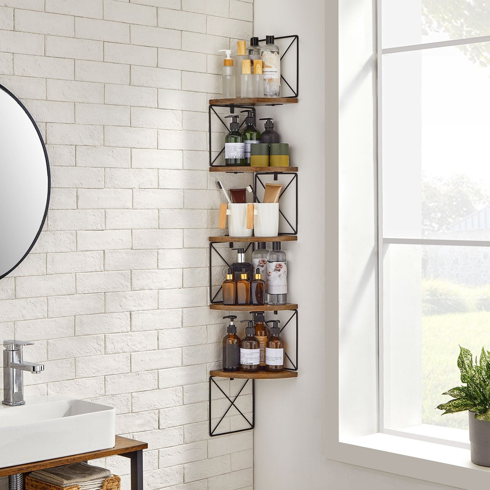 Parya Home Hoekplank, boekenkast met zigzagdesign, 5 lagen, ‎20 x 20 x 127,5 cm, voor slaapkamer, studeerkamer, woonkamer, vintage bruinzwart