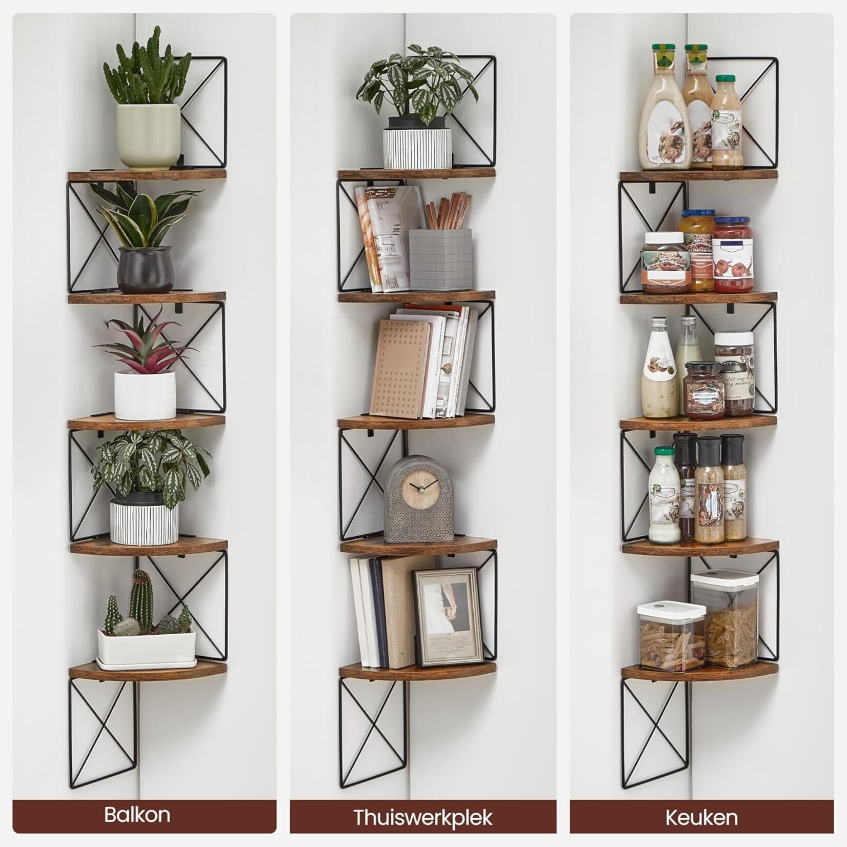 Parya Home Hoekplank, boekenkast met zigzagdesign, 5 lagen, ‎20 x 20 x 127,5 cm, voor slaapkamer, studeerkamer, woonkamer, vintage bruinzwart