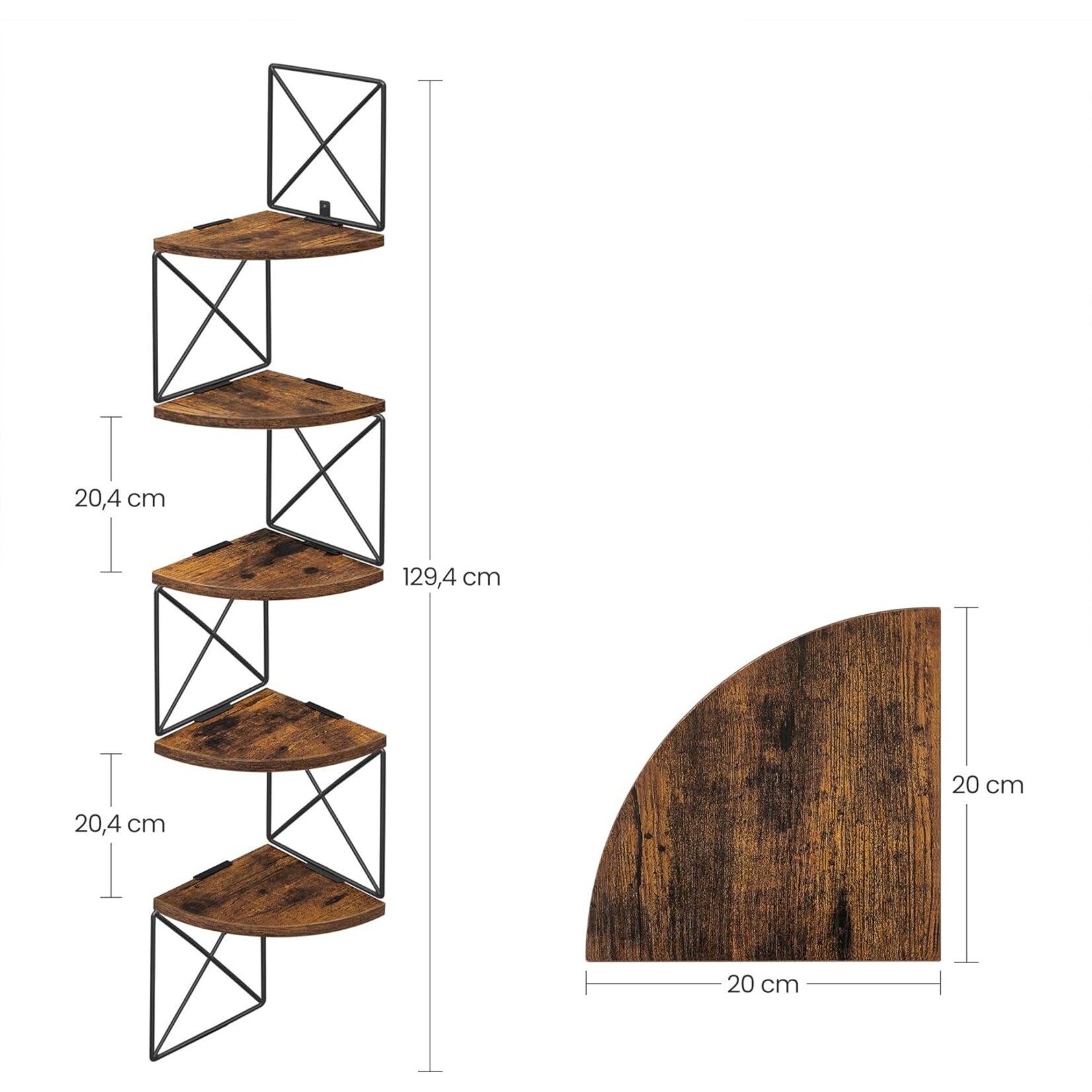 Parya Home Hoekplank, boekenkast met zigzagdesign, 5 lagen, ‎20 x 20 x 127,5 cm, voor slaapkamer, studeerkamer, woonkamer, vintage bruinzwart