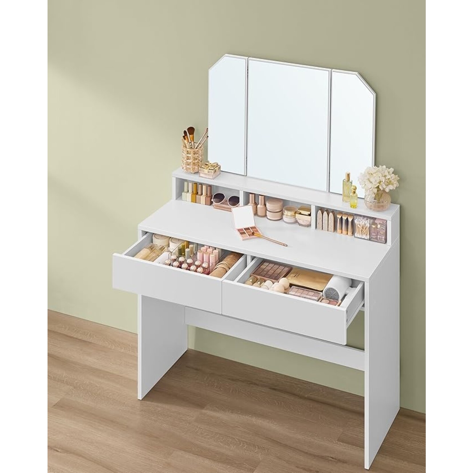 Parya Home Dressing table, dressing table with folding mirror and 2 drawers, cosmetic table with 3 open compartments, dressing table, for make-up, modern, white