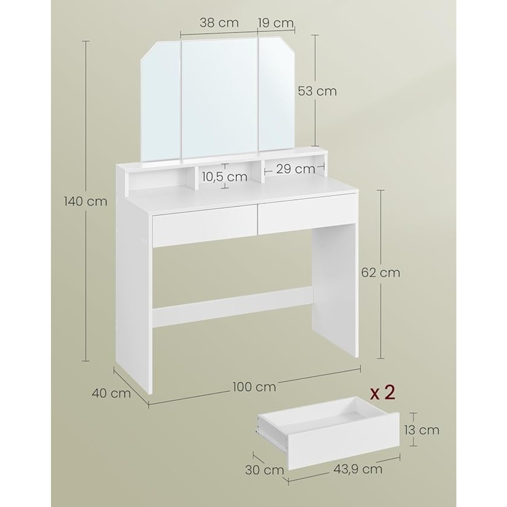 Parya Home Dressing table, dressing table with folding mirror and 2 drawers, cosmetic table with 3 open compartments, dressing table, for make-up, modern, white