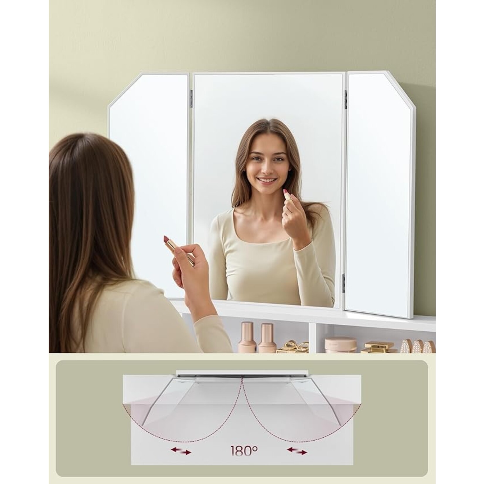 Parya Home Parya Home Dressing table, dressing table with folding mirror and 2 drawers, cosmetic table with 3 open compartments, dressing table, for make-up, modern, white