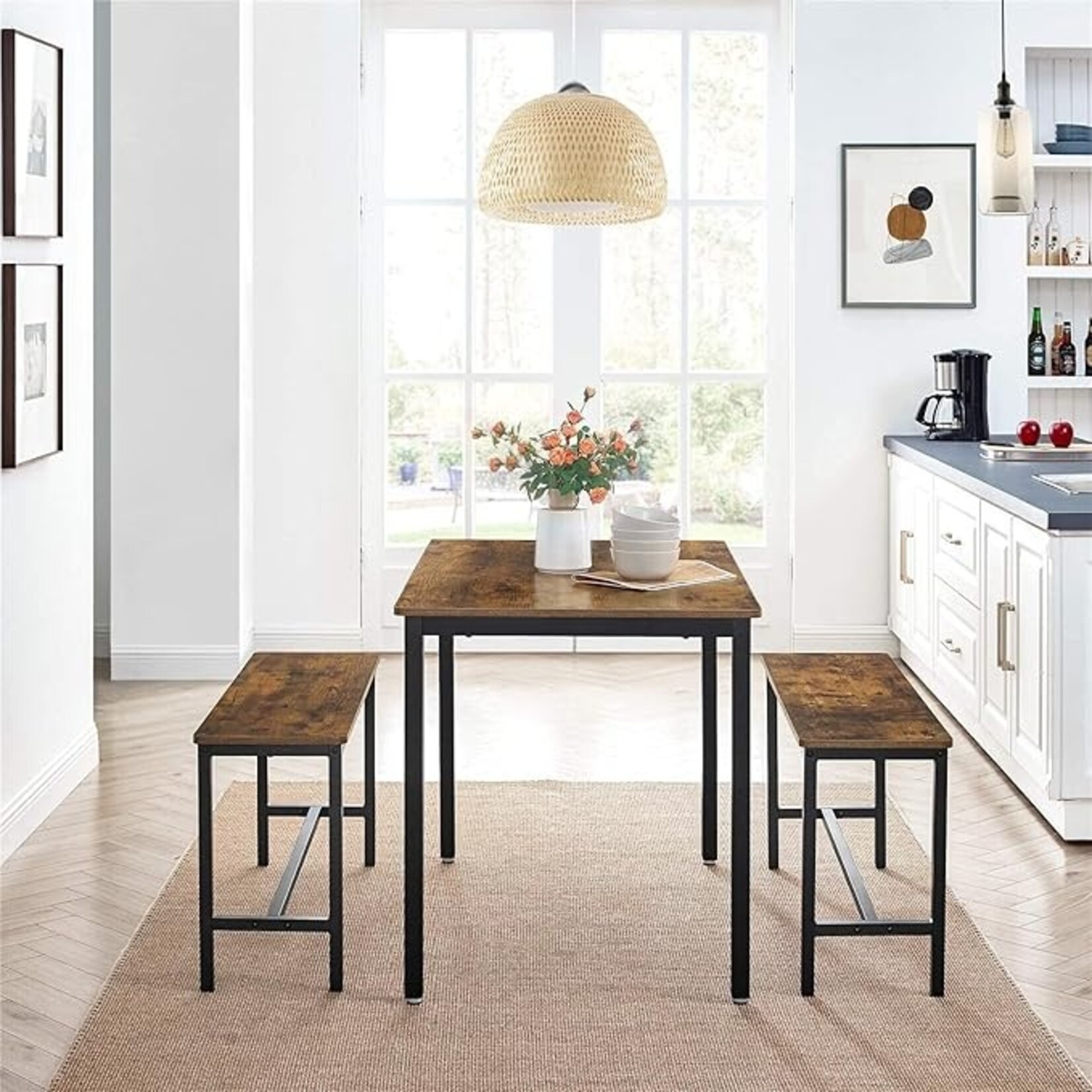 Parya Home Parya Home Dining table, kitchen table set, 110 x 70 x 75 cm, with 2 benches each 97 x 30 x 50 cm, metal frame, for kitchen, living room, dining room, industrial design, vintage brown-black