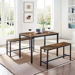 Parya Home Parya Home Dining table, kitchen table set, 110 x 70 x 75 cm, with 2 benches each 97 x 30 x 50 cm, metal frame, for kitchen, living room, dining room, industrial design, vintage brown-black
