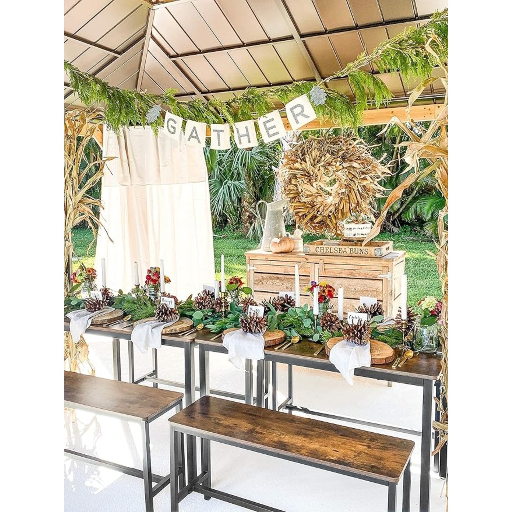 Parya Home Parya Home Eettafel, keukentafel set, 110 x 70 x 75 cm, met 2 banken elk 97 x 30 x 50 cm, metalen frame, voor keuken, woonkamer, eetkamer, industrieel ontwerp, vintage bruin-zwart