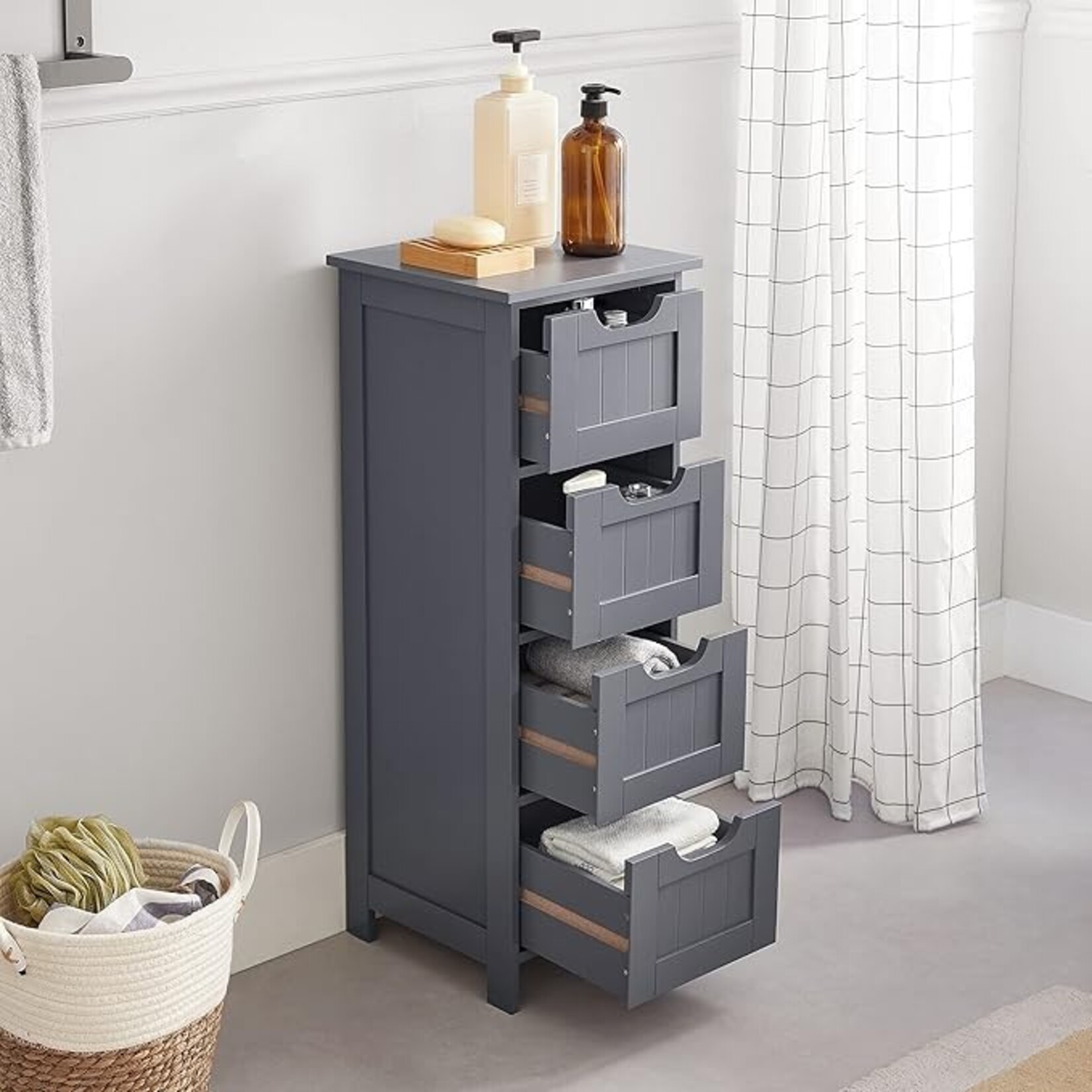 Parya Home Badkamerkast, badkamerkast, zijkast met 4 laden, 30 x 30 x 82 cm, voor badkamer, woonkamer, eetkamer, keuken, modern, grijs