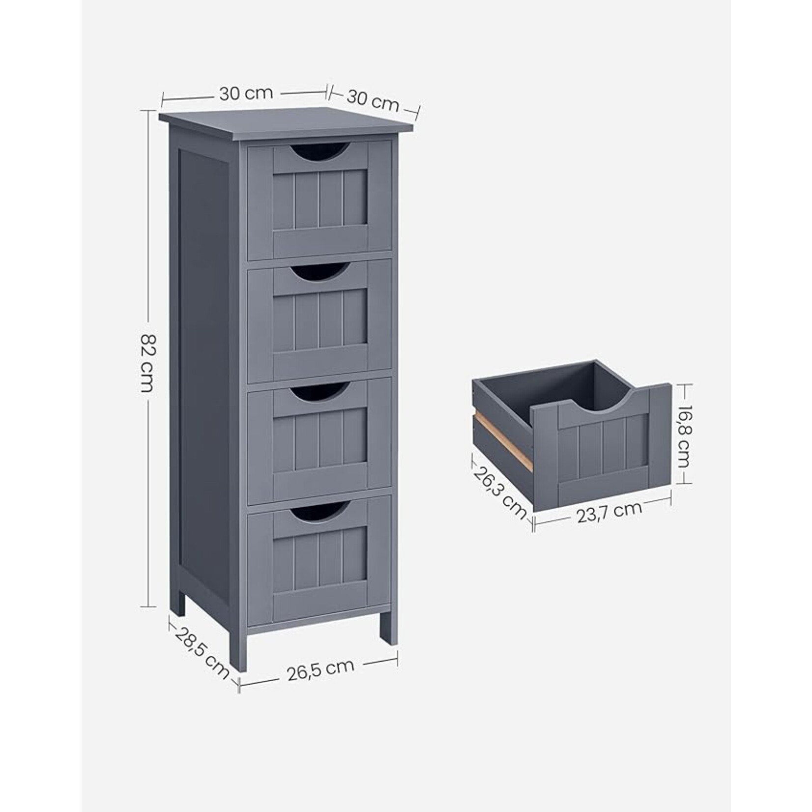 Parya Home Badkamerkast, badkamerkast, zijkast met 4 laden, 30 x 30 x 82 cm, voor badkamer, woonkamer, eetkamer, keuken, modern, grijs