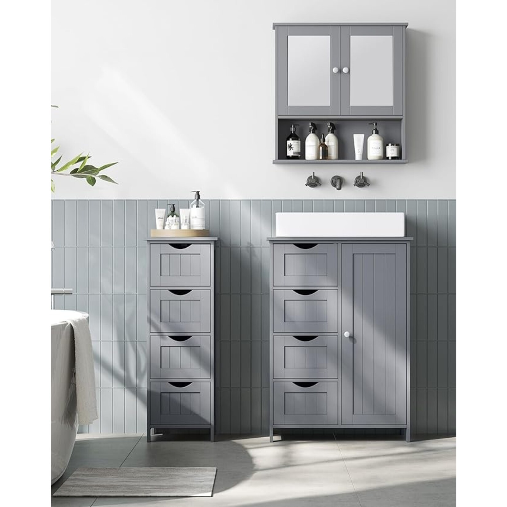 Parya Home Badkamerkast, badkamerkast, zijkast met 4 laden, 30 x 30 x 82 cm, voor badkamer, woonkamer, eetkamer, keuken, modern, mat grijs