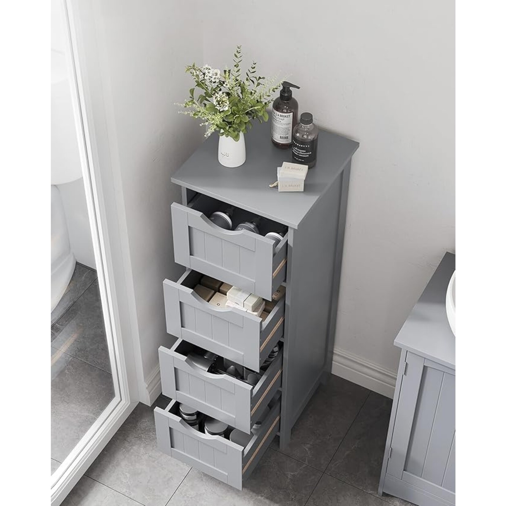 Parya Home Badkamerkast, badkamerkast, zijkast met 4 laden, 30 x 30 x 82 cm, voor badkamer, woonkamer, eetkamer, keuken, modern, mat grijs