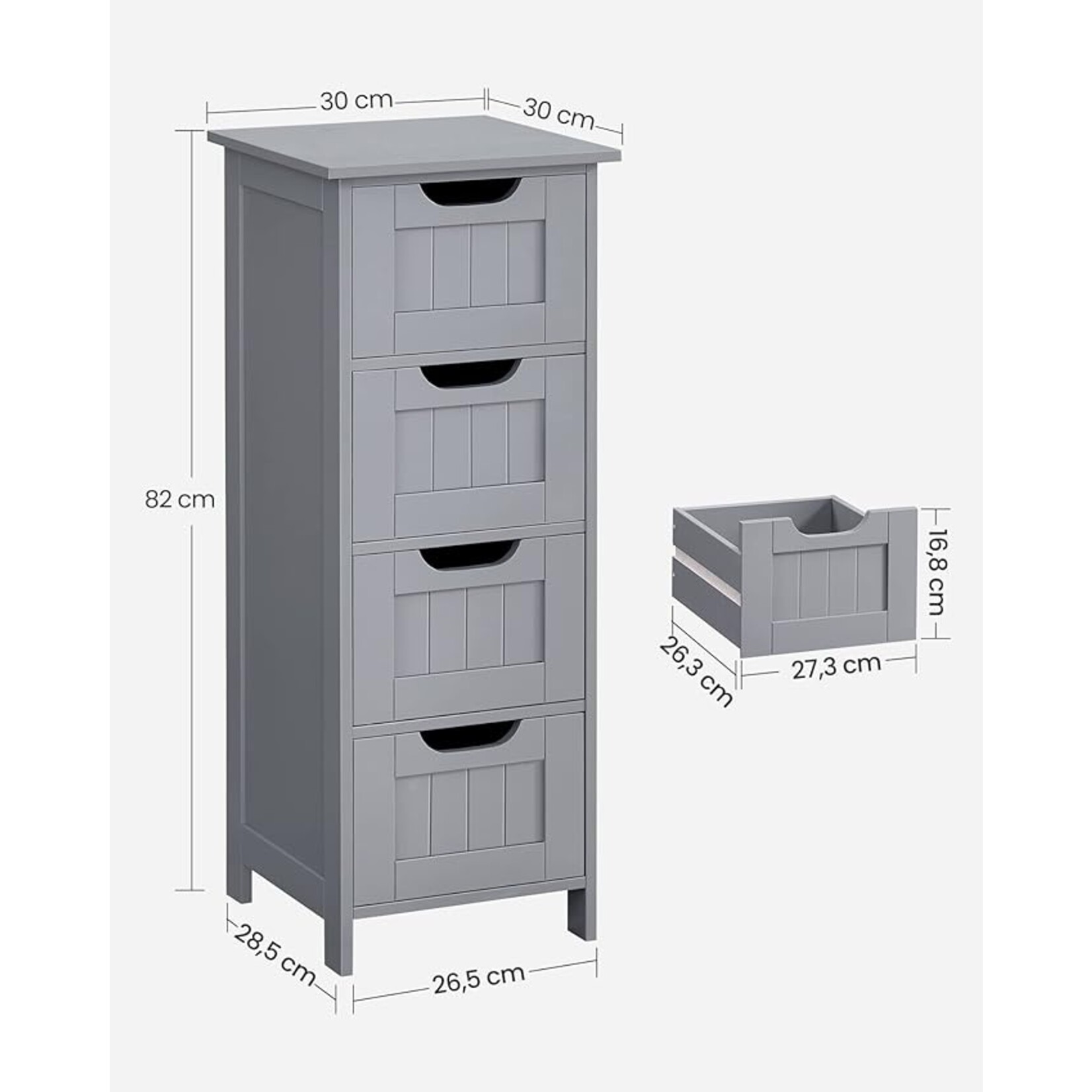 Parya Home Badkamerkast, badkamerkast, zijkast met 4 laden, 30 x 30 x 82 cm, voor badkamer, woonkamer, eetkamer, keuken, modern, mat grijs