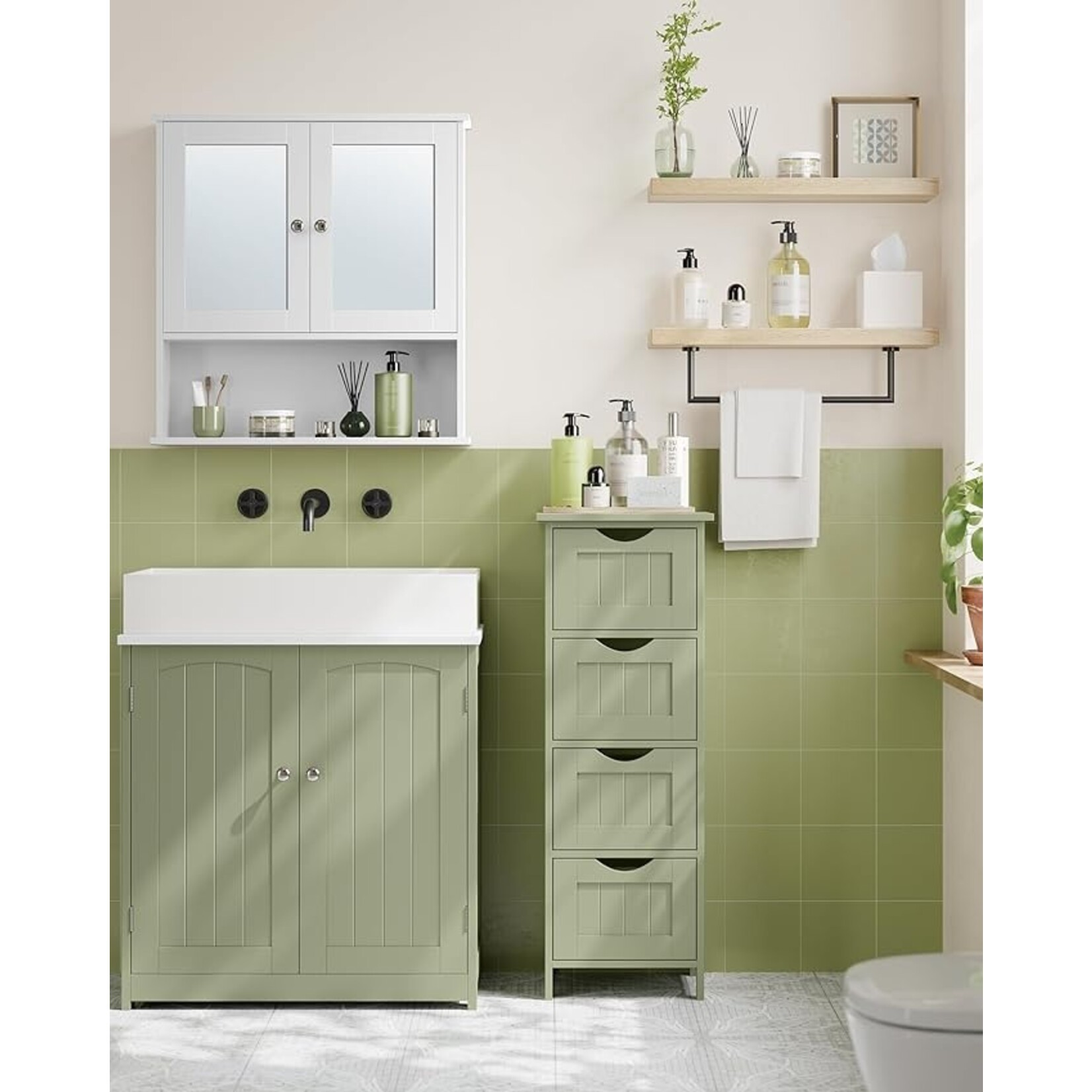 Parya Home Bathroom cabinet, bathroom cabinet, side cabinet with 4 drawers, 30 x 30 x 82 cm, for bathroom, living room, dining room, kitchen, modern, laurel green
