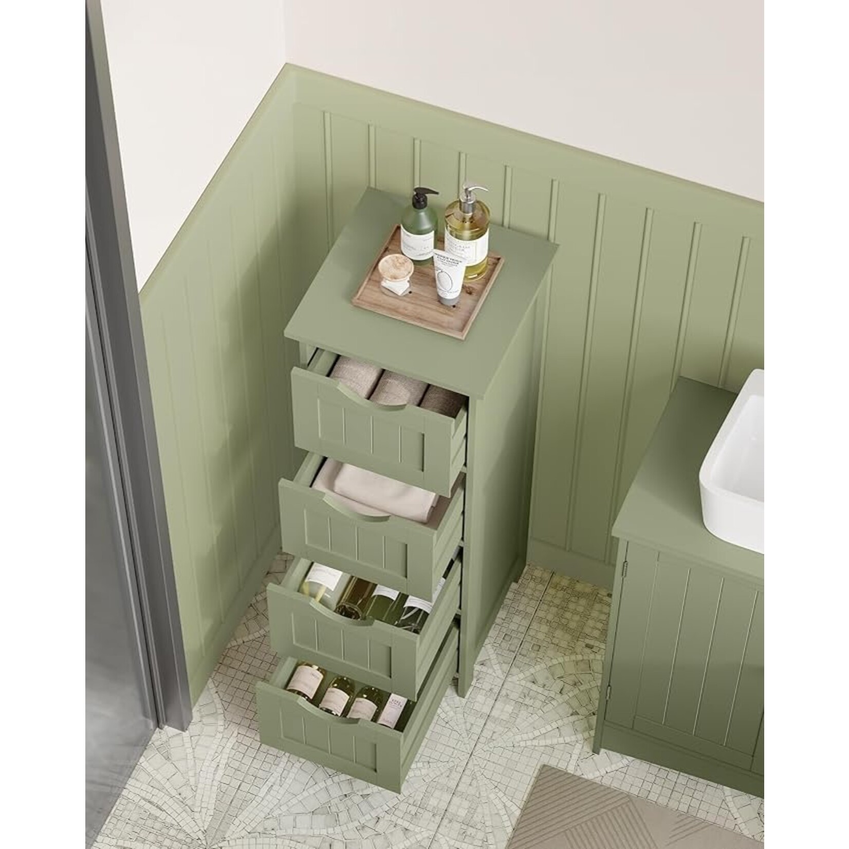 Parya Home Bathroom cabinet, bathroom cabinet, side cabinet with 4 drawers, 30 x 30 x 82 cm, for bathroom, living room, dining room, kitchen, modern, laurel green
