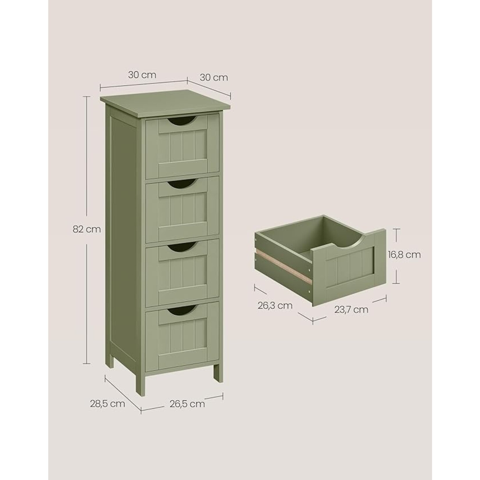 Parya Home Badkamerkast, badkamerkast, zijkast met 4 laden, 30 x 30 x 82 cm, voor badkamer, woonkamer, eetkamer, keuken, modern, lauriergroen