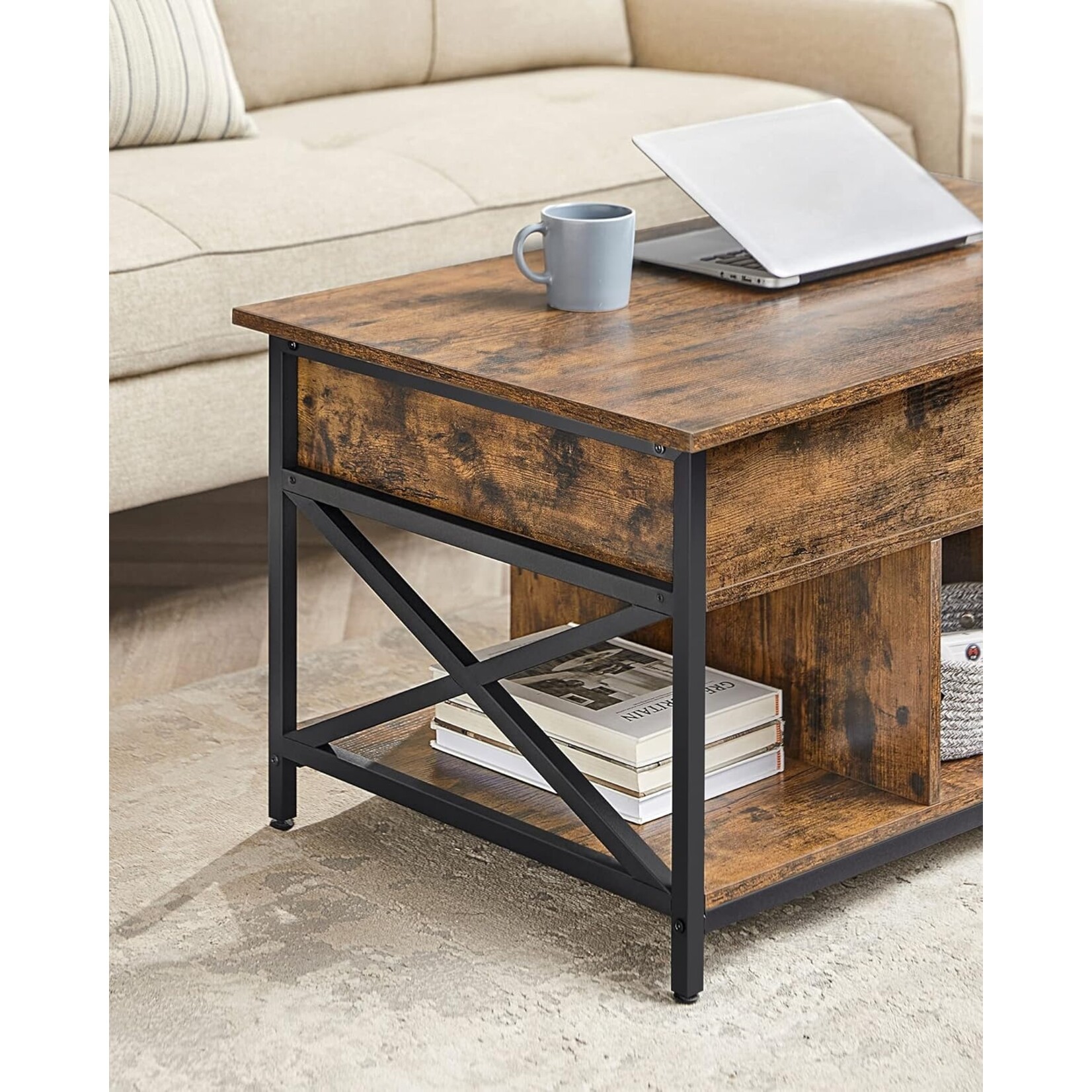Coffee table, coffee table with lift-up leaf for the living room, coffee table with open and hidden storage space, X-shaped bars, 60 x 100 x (48-62) cm, rustic brown and black