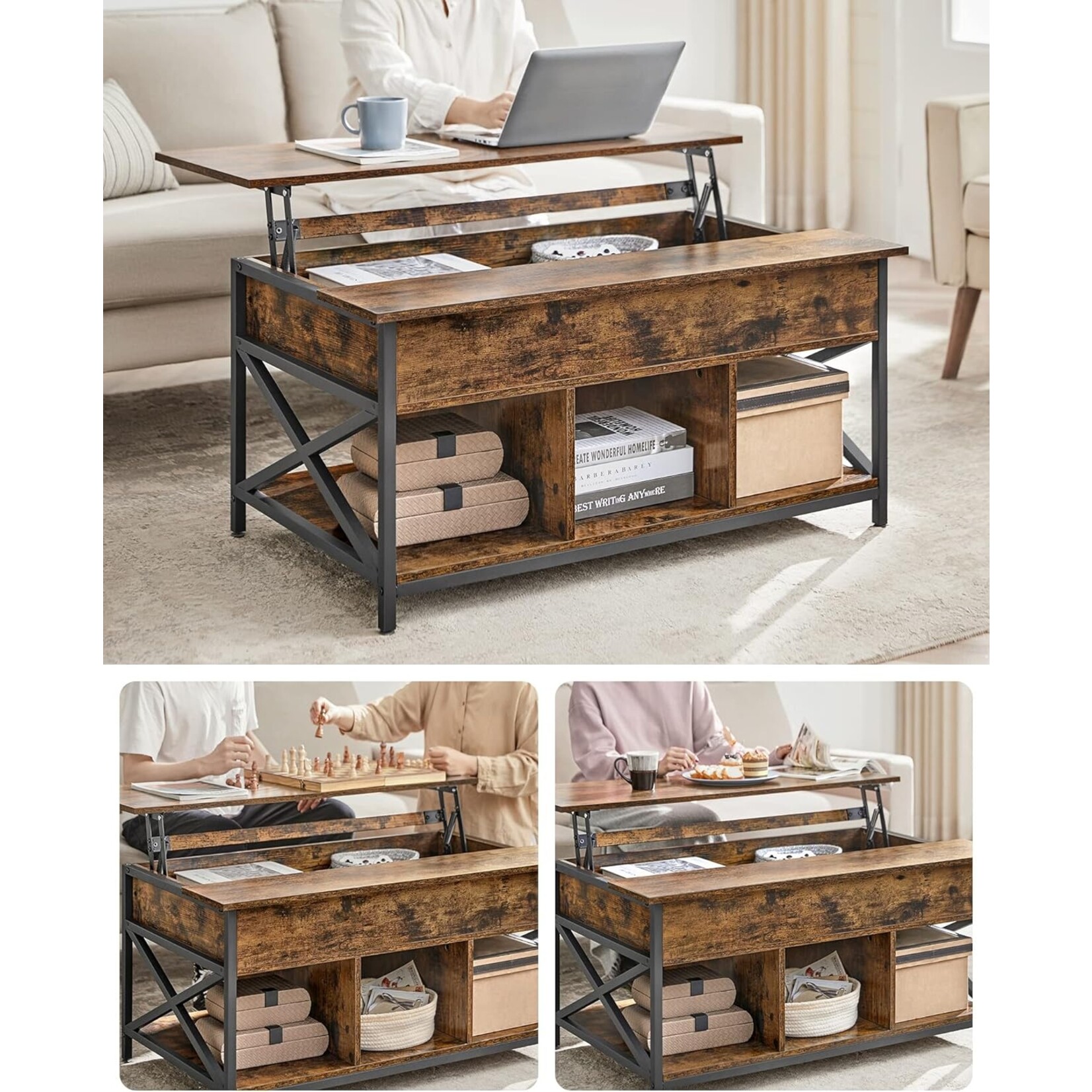 Coffee table, coffee table with lift-up leaf for the living room, coffee table with open and hidden storage space, X-shaped bars, 60 x 100 x (48-62) cm, rustic brown and black