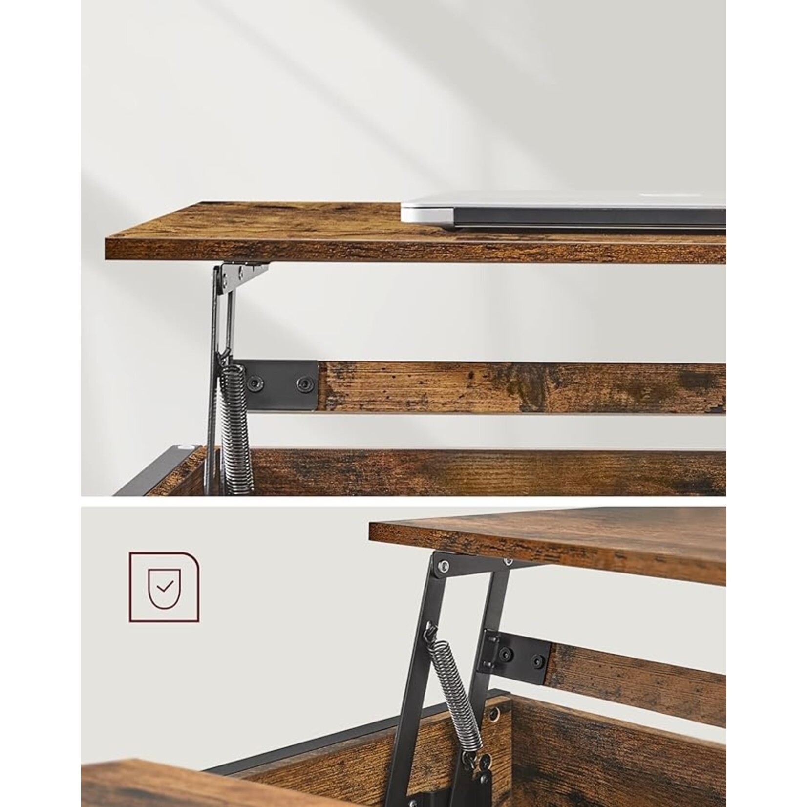 Coffee table, coffee table with lift-up leaf for the living room, coffee table with open and hidden storage space, X-shaped bars, 60 x 100 x (48-62) cm, rustic brown and black